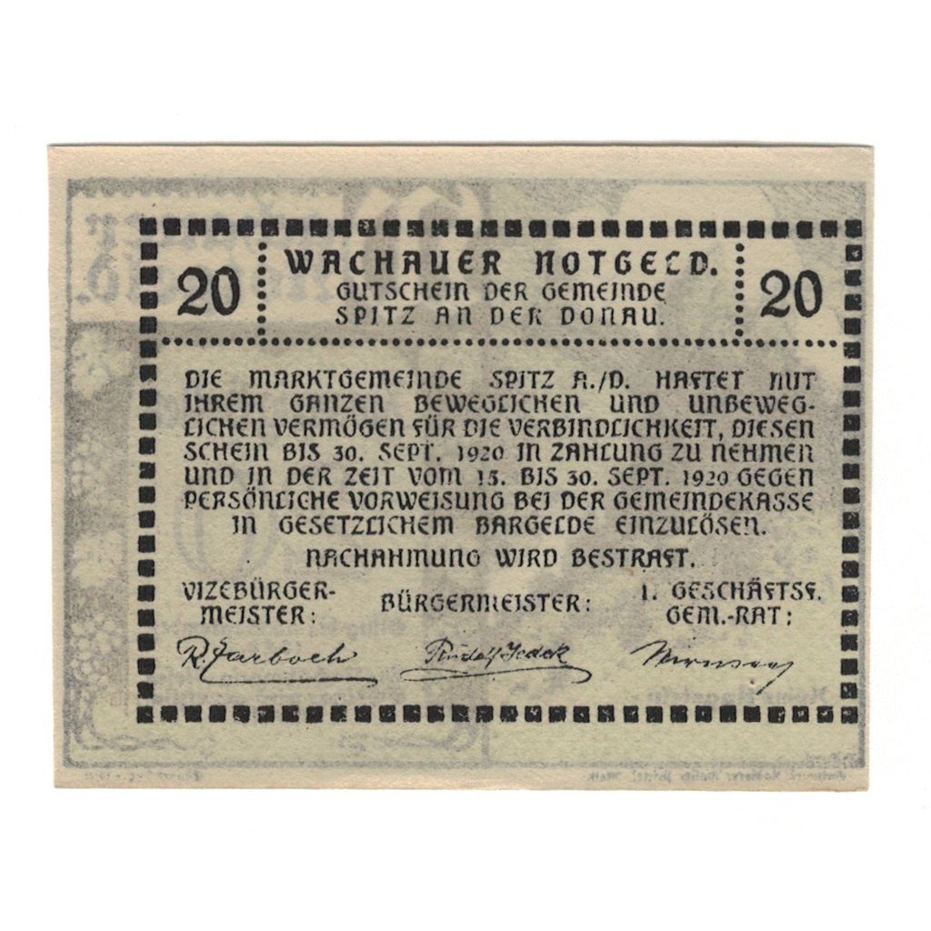 Billete, Austria, Wachauer Notgeld-Aggstein N.Ö. Gemeinde, 20 Heller, Texte