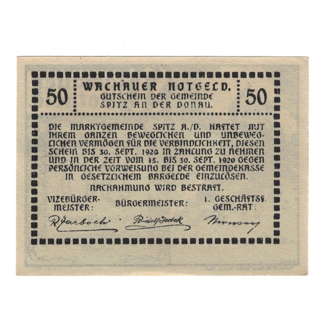 Billete, Austria, Wachauer Notgeld-Aggstein N.Ö. Gemeinde, 50 Heller, Texte