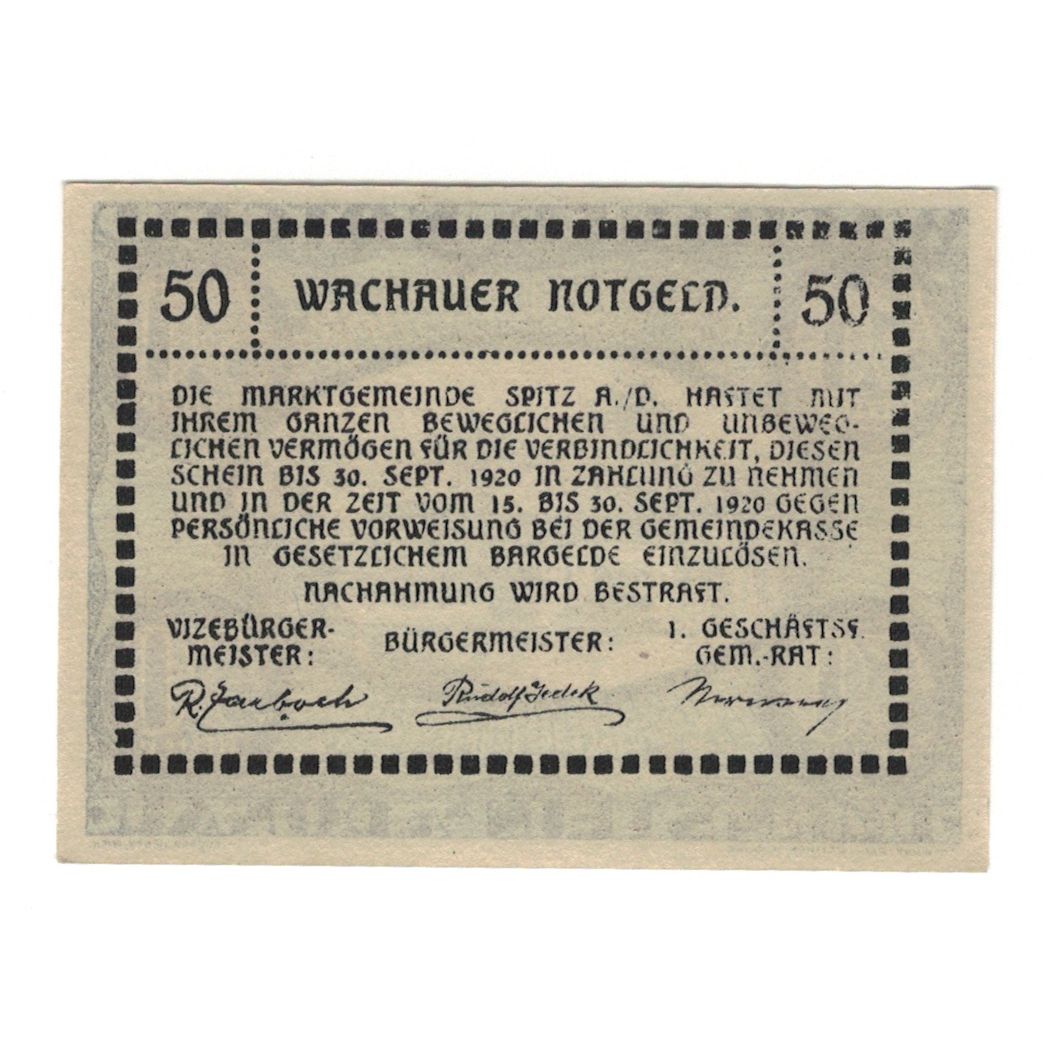 Billete, Austria, Wachauer Notgeld Dürnstein N.Ö. Gemeinde, 50 Heller, Texte