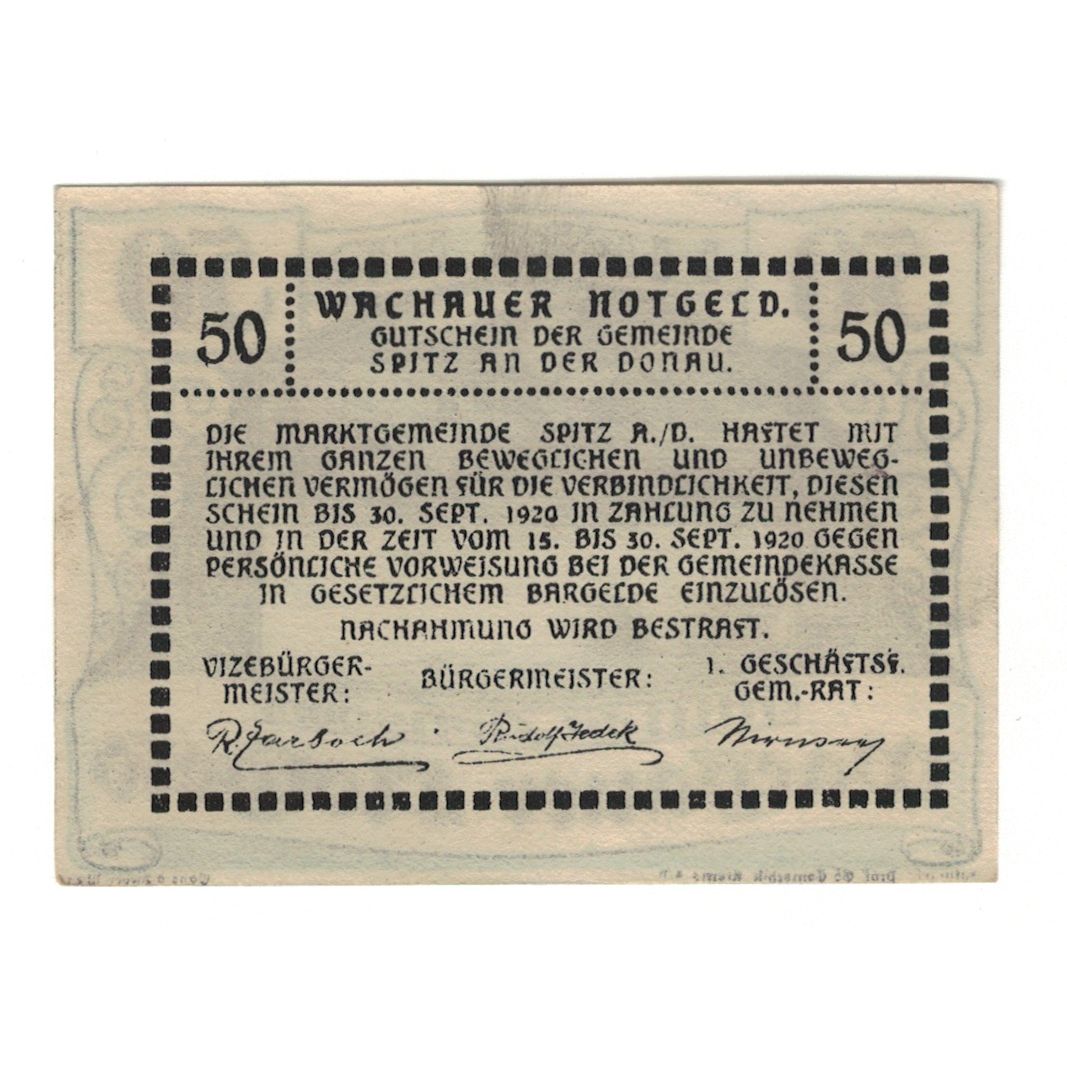 Billete, Austria, Wachauer Notgeld Mitter-Arnsdorf Gemeinde, 50 Heller, Texte