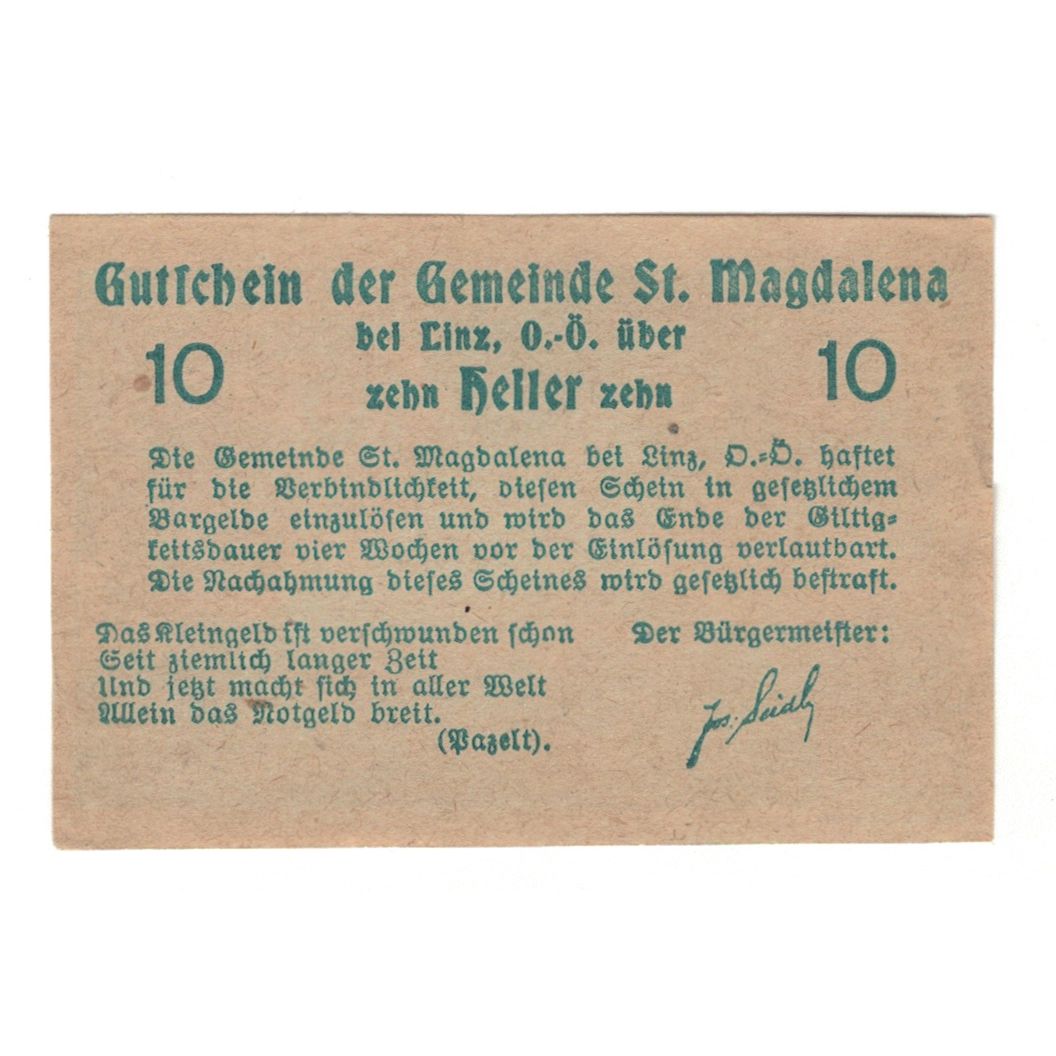 Billete, Austria, St. Magdalena Bei Linz, O.Ö., Gemeinde, 10 Heller, Texte