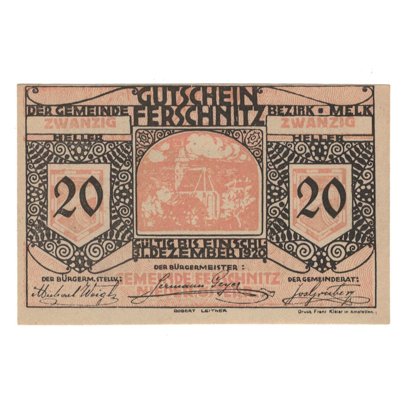 Billete, Austria, Ferschnitz N.Ö. Gemeinde, 20 Heller, texte 1, 1920