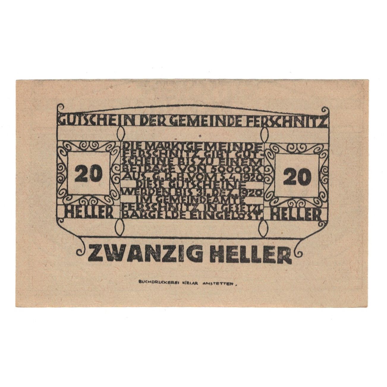 Billete, Austria, Ferschnitz N.Ö. Gemeinde, 20 Heller, texte 1, 1920