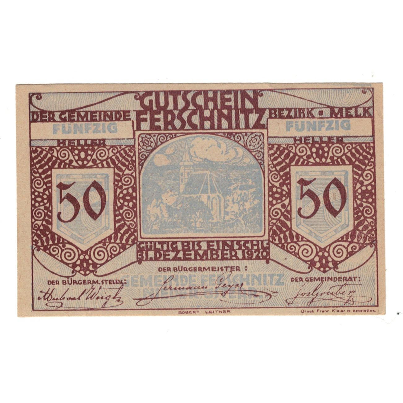 Billete, Austria, Ferschnitz N.Ö. Gemeinde, 50 Heller, texte 1, 1920