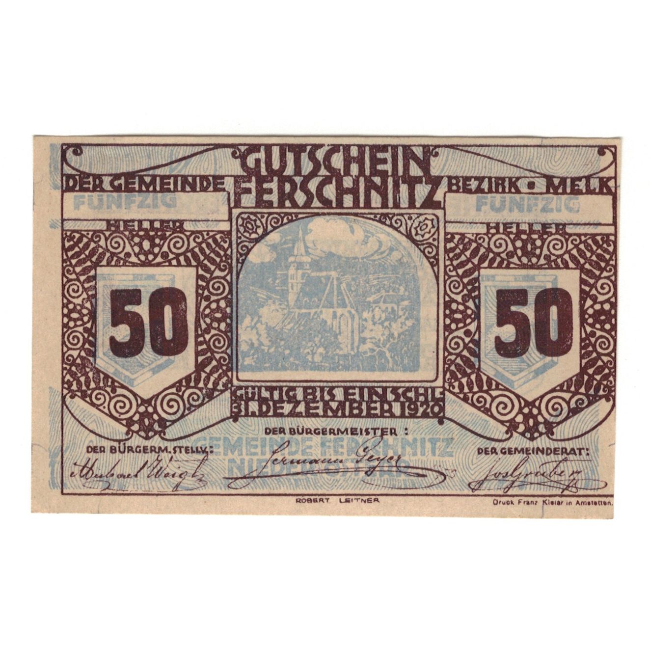 Billete, Austria, Ferschnitz N.Ö. Gemeinde, 50 Heller, Texte 2, 1920