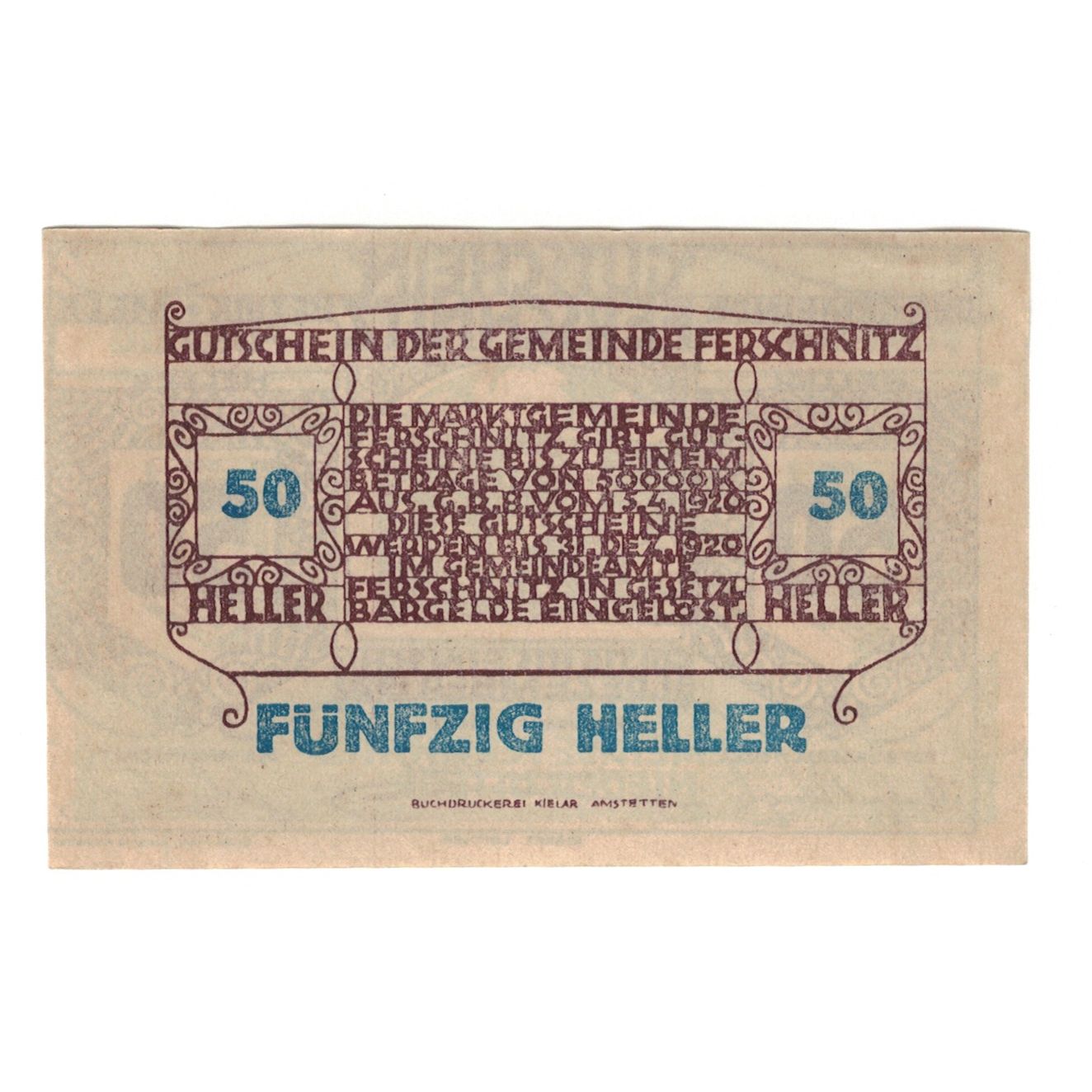 Billete, Austria, Ferschnitz N.Ö. Gemeinde, 50 Heller, Texte 2, 1920