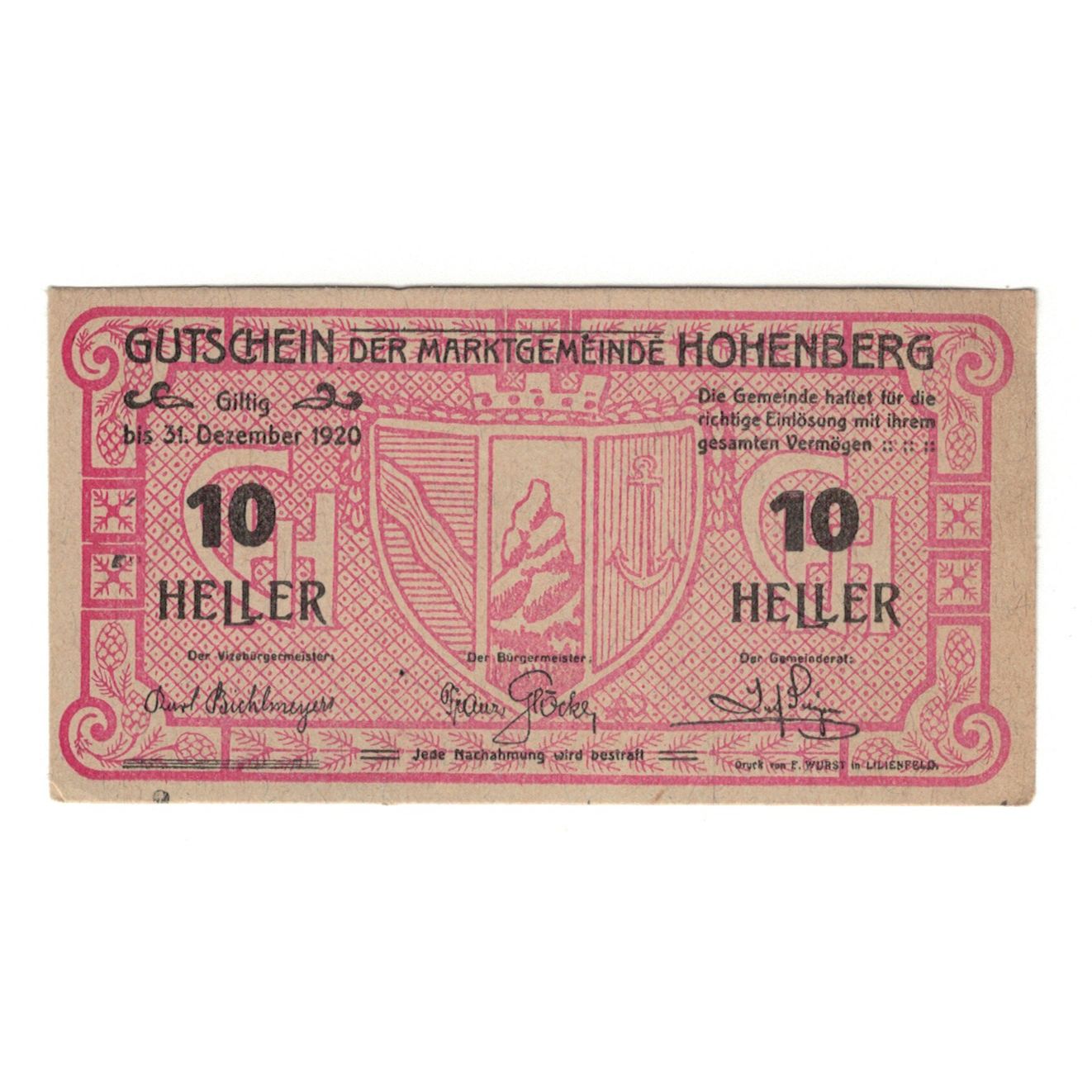 Billete, Austria, Hohenberg N.Ö. Marktgemeinde, 10 Heller, N.D, 1920