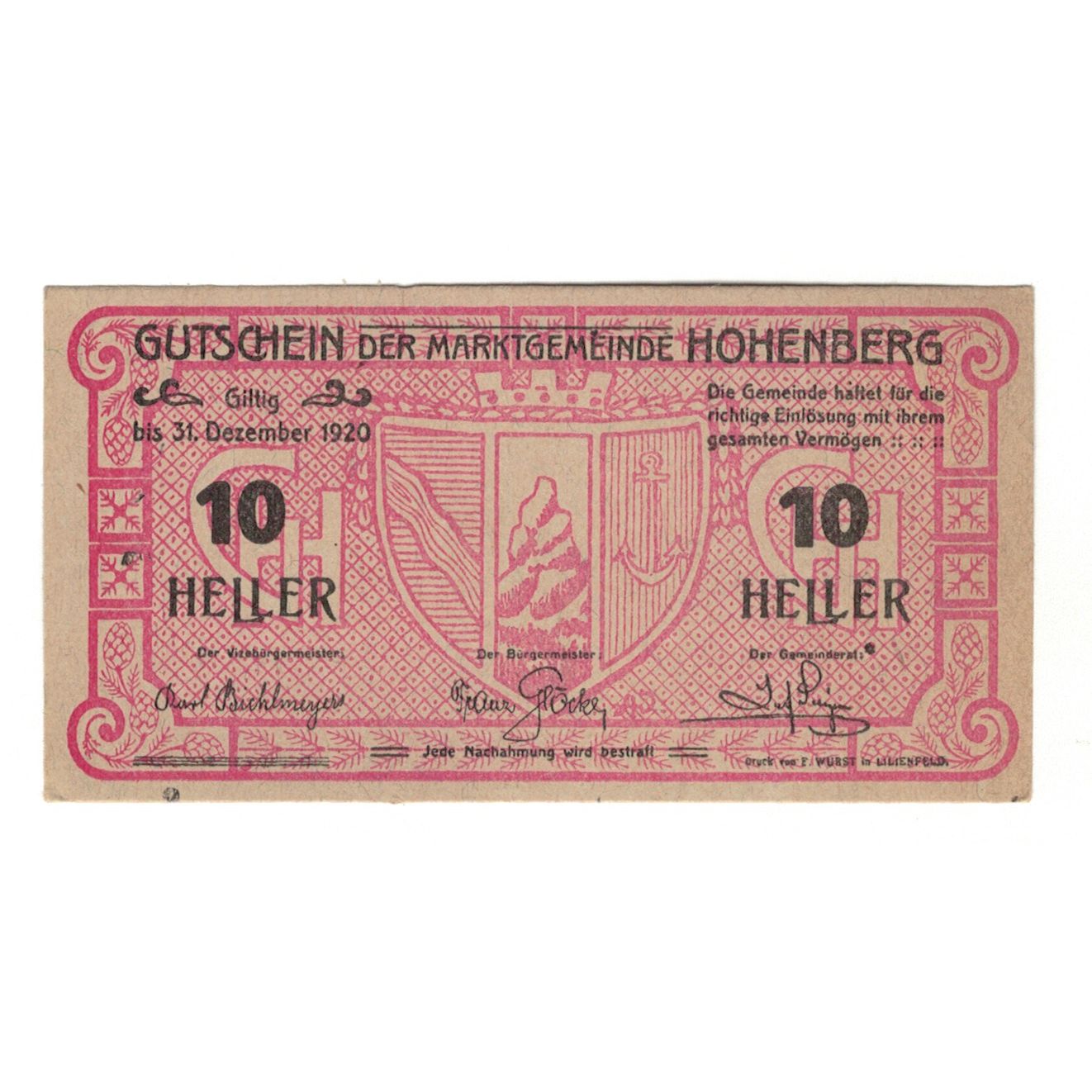 Billete, Austria, Hohenberg N.Ö. Marktgemeinde, 10 Heller, N.D, 1920