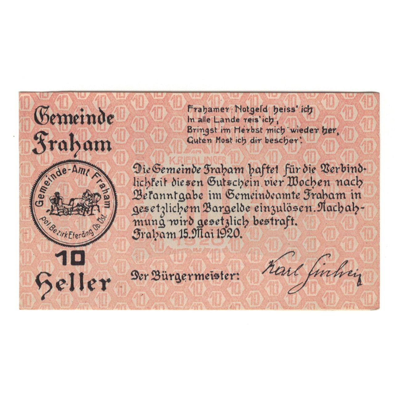 Billete, Austria, Fraham O.Ö. Gemeinde, 10 Heller, Texte, 1920, 1920-05-15