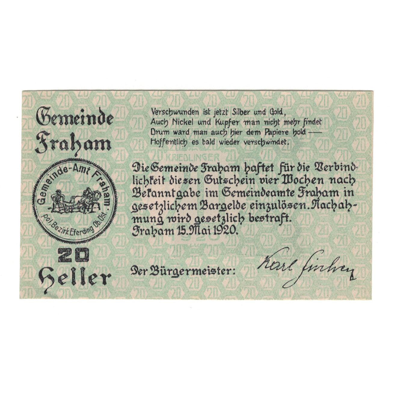 Billete, Austria, Fraham O.Ö. Gemeinde, 20 Heller, texte 1, 1920, 1920-05-15