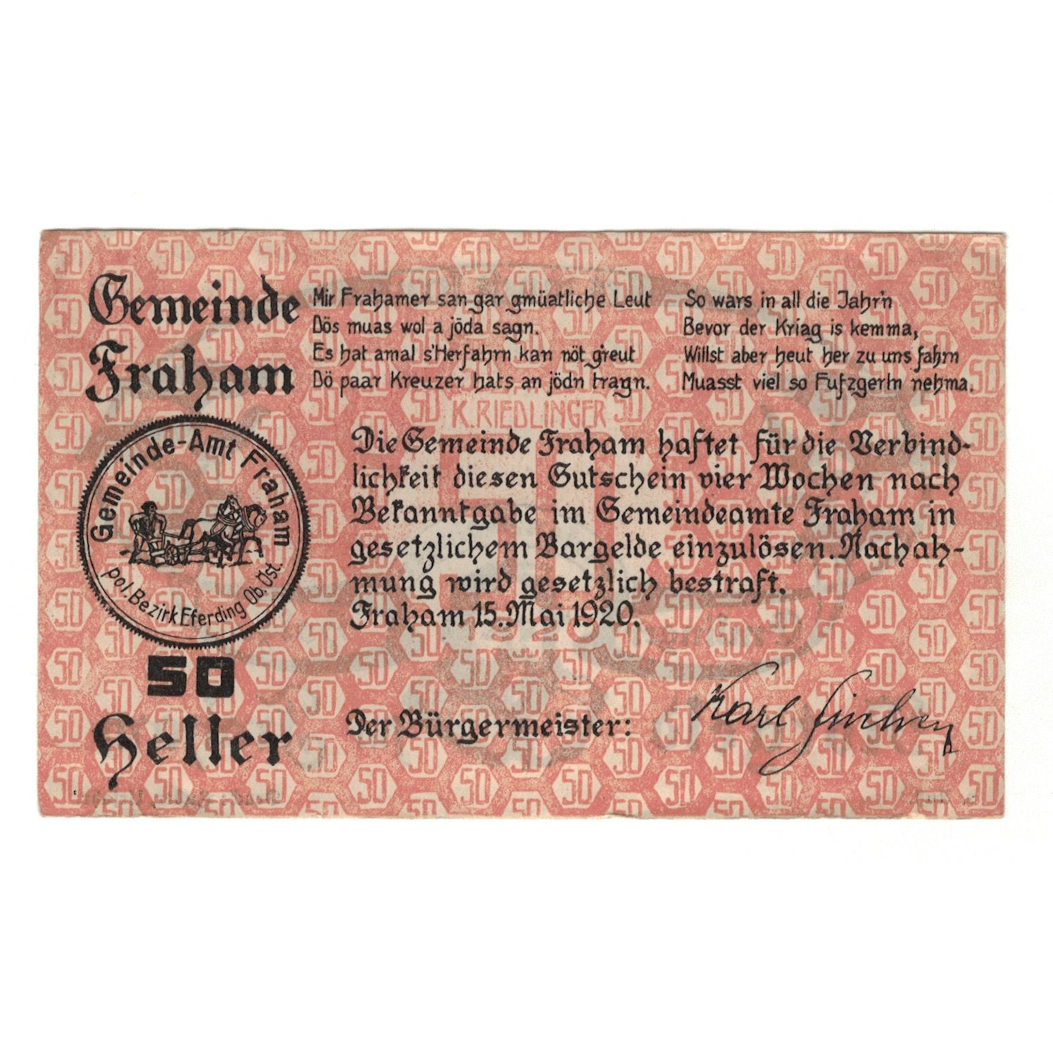Billete, Austria, Fraham O.Ö. Gemeinde, 50 Heller, Texte, 1920, 1920-05-15