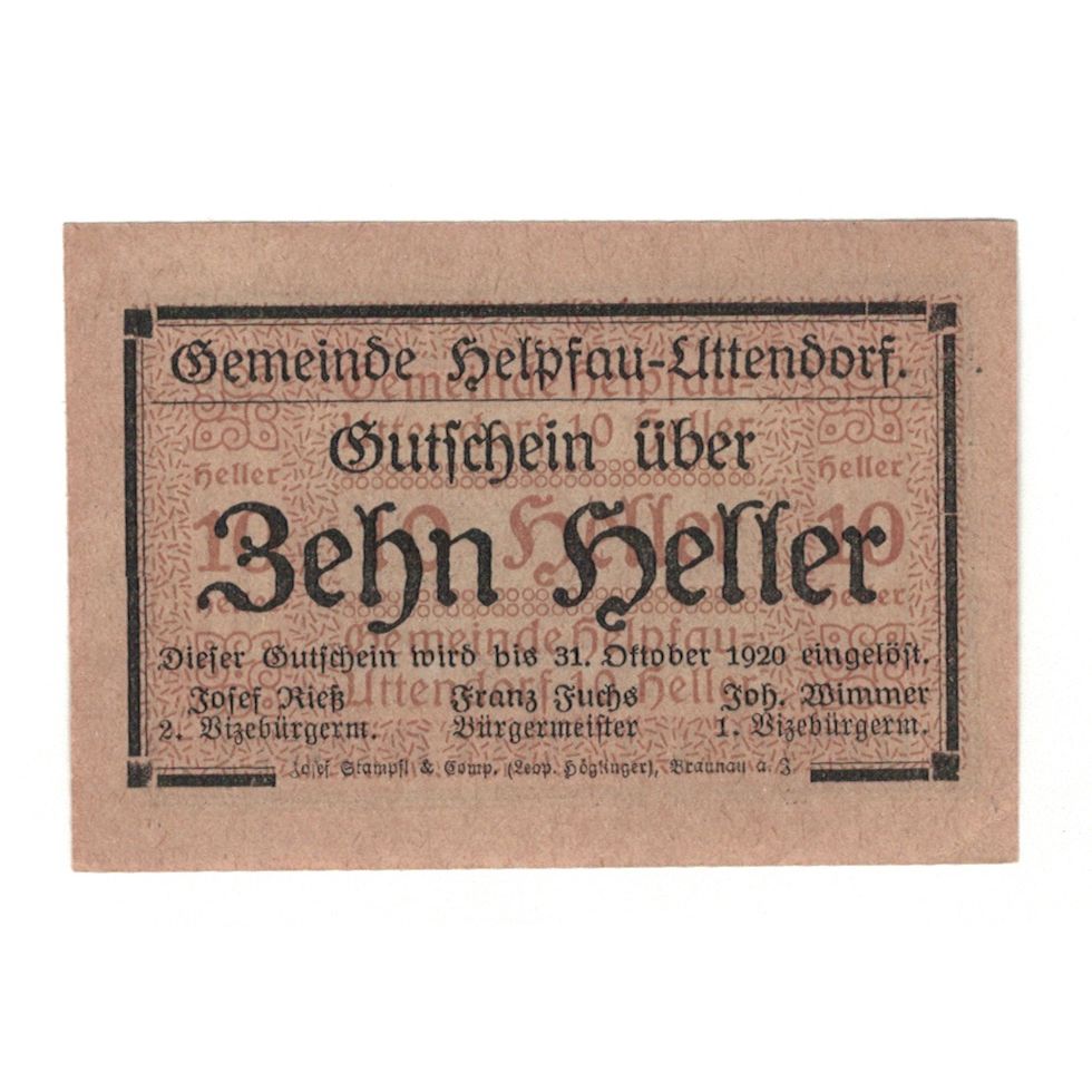Billete, Austria, Helpfau - Uttendorf O.Ö. Gemeinde, 10 Heller, paysage, 1920
