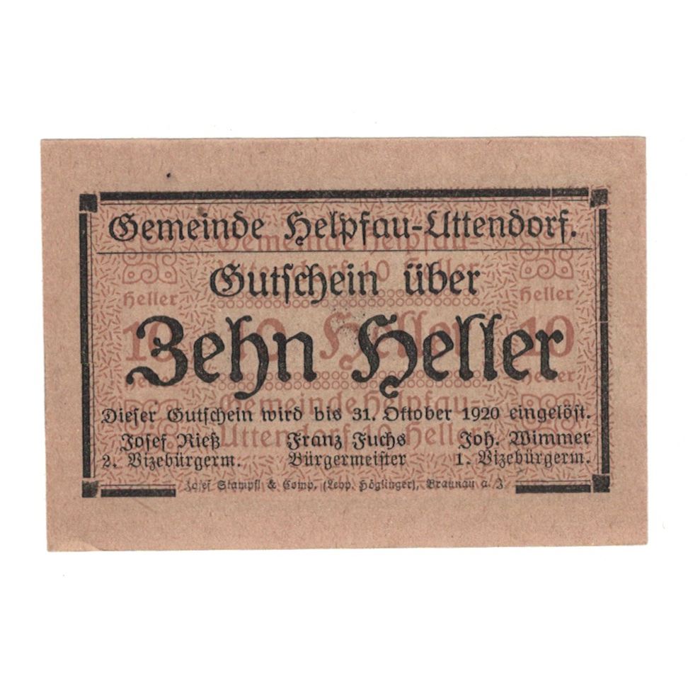 Billete, Austria, Helpfau - Uttendorf O.Ö. Gemeinde, 10 Heller, paysage 1