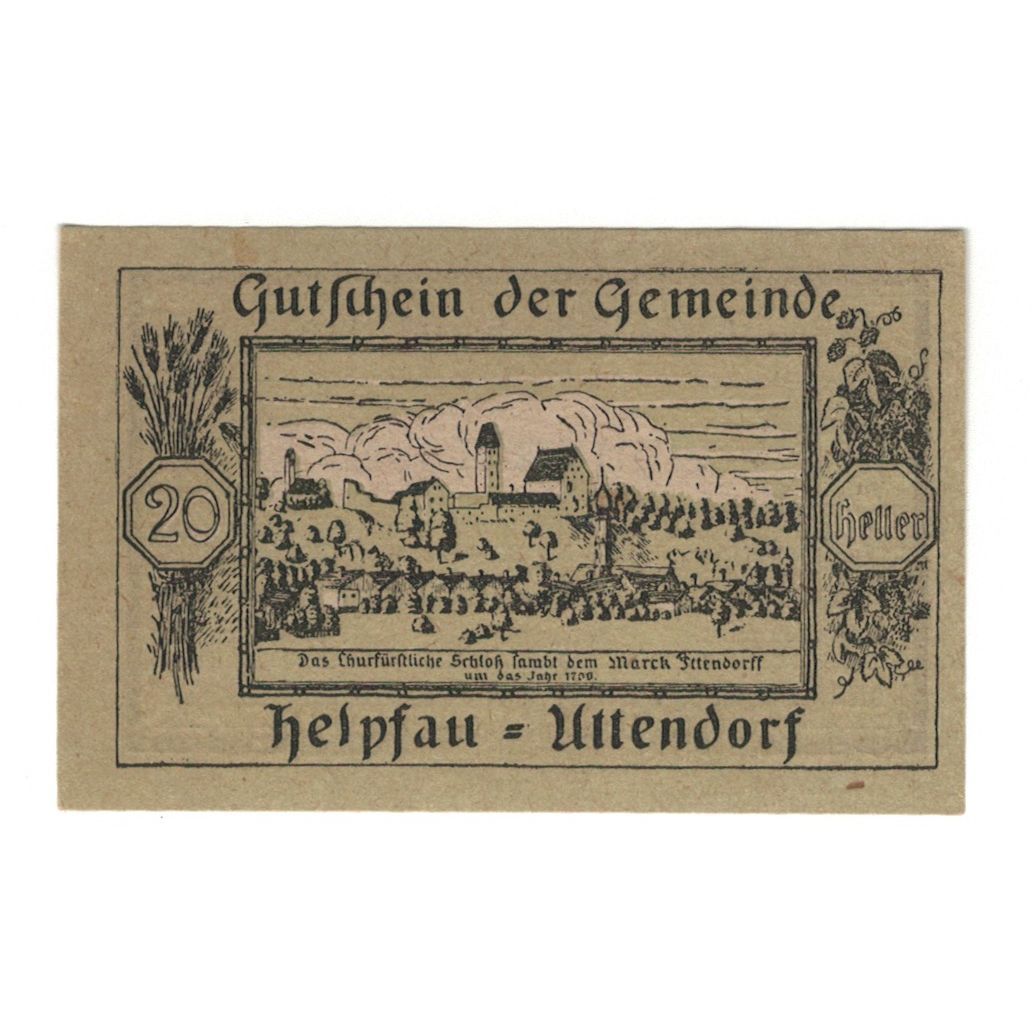 Billete, Austria, Helpfau - Uttendorf O.Ö. Gemeinde, 20 Heller, Texte, 1920