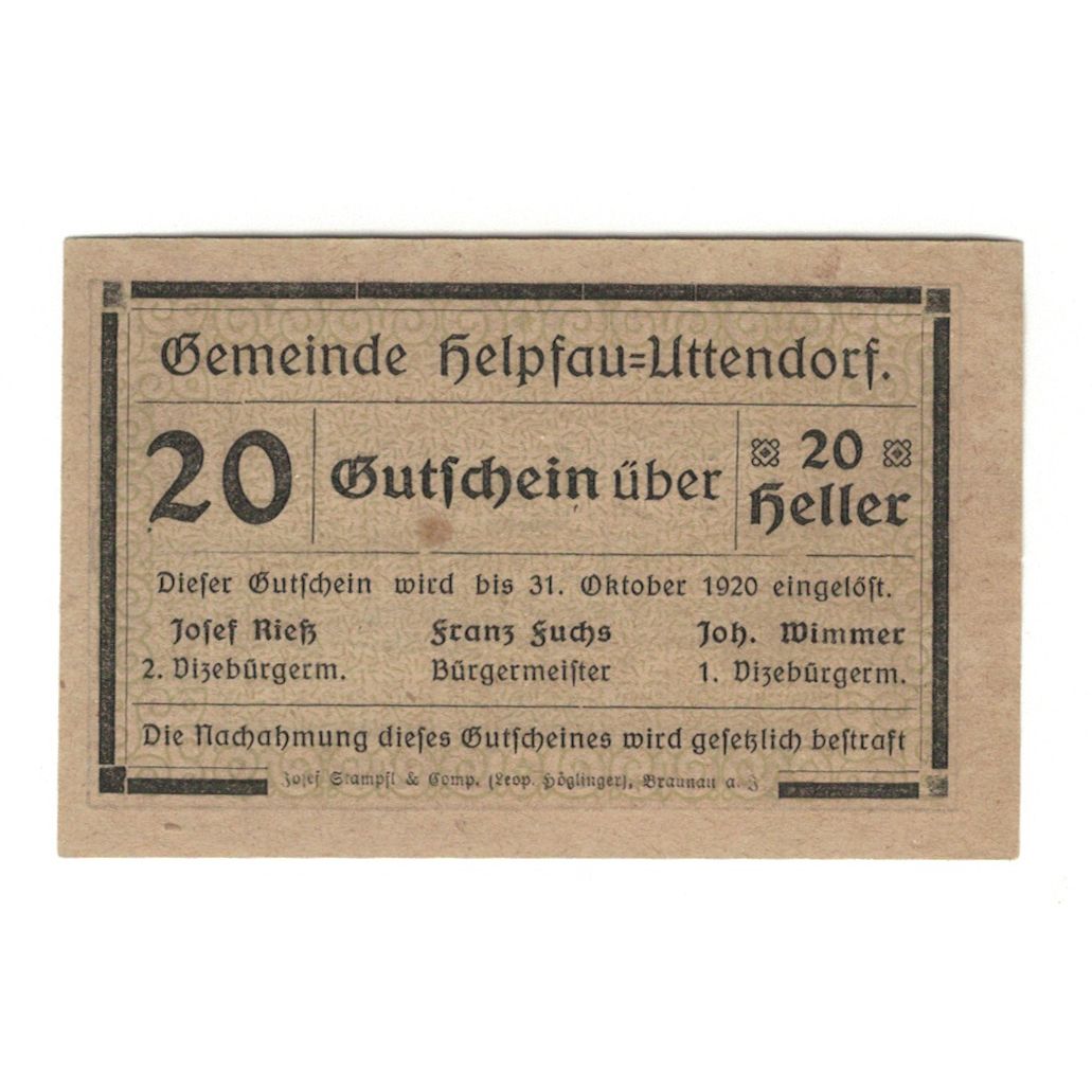 Billete, Austria, Helpfau - Uttendorf O.Ö. Gemeinde, 20 Heller, Texte, 1920