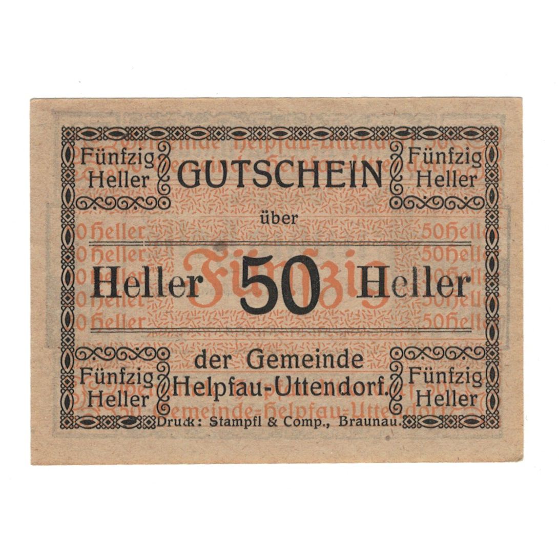 Billete, Austria, Helpfau - Uttendorf O.Ö. Gemeinde, 50 Heller, Clocher, 1920