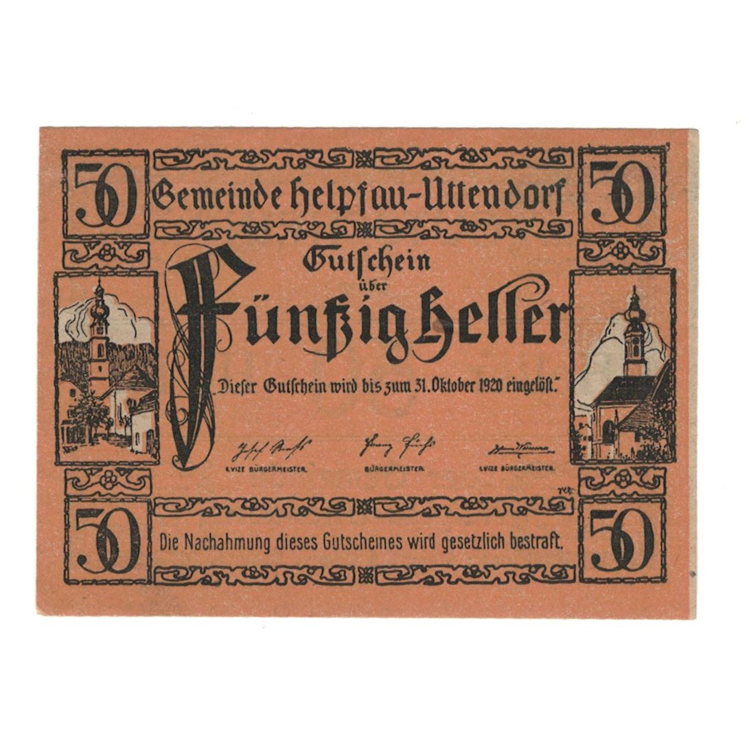 Billete, Austria, Helpfau - Uttendorf O.Ö. Gemeinde, 50 Heller, Clocher, 1920