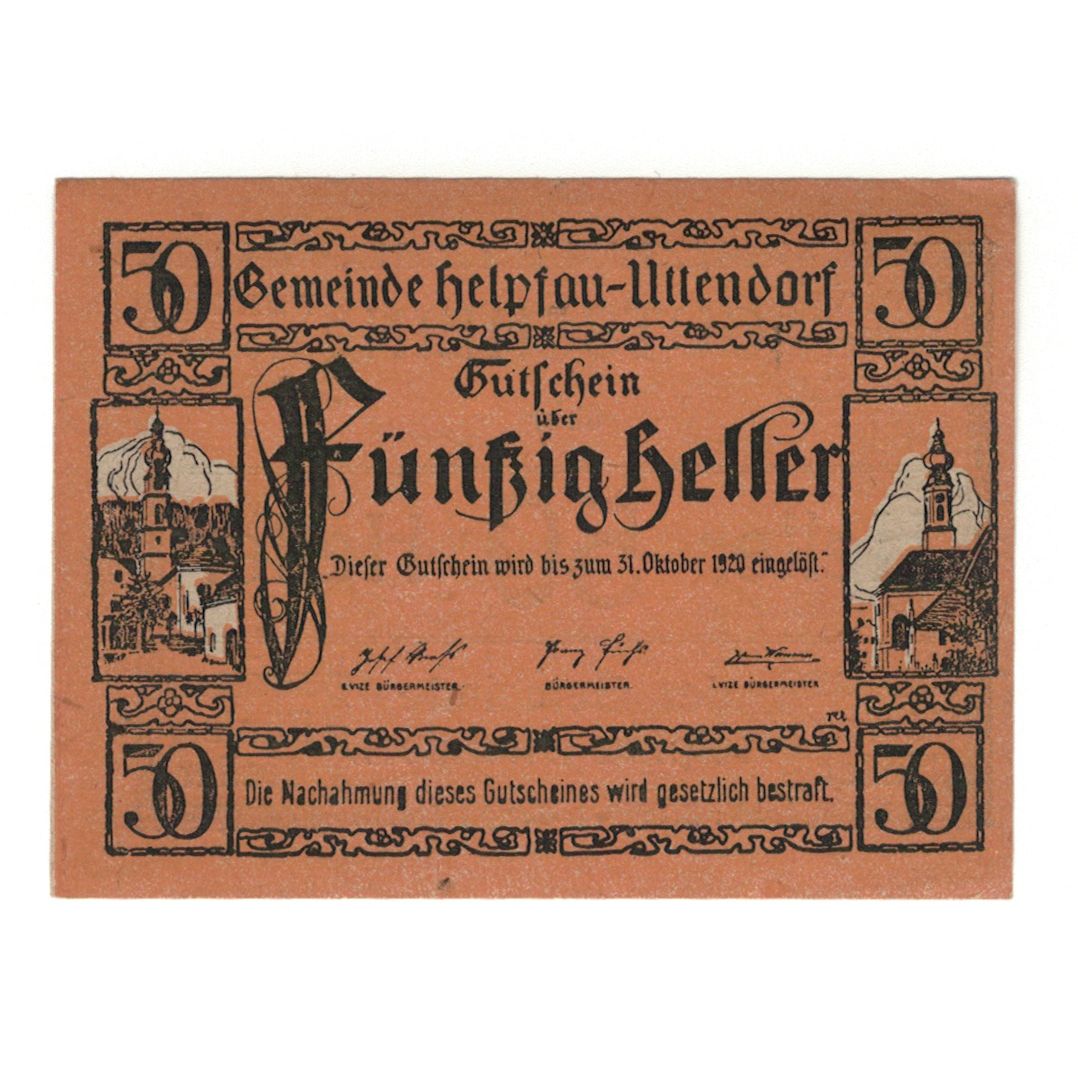 Billete, Austria, Helpfau - Uttendorf O.Ö. Gemeinde, 50 Heller, Clocher 1