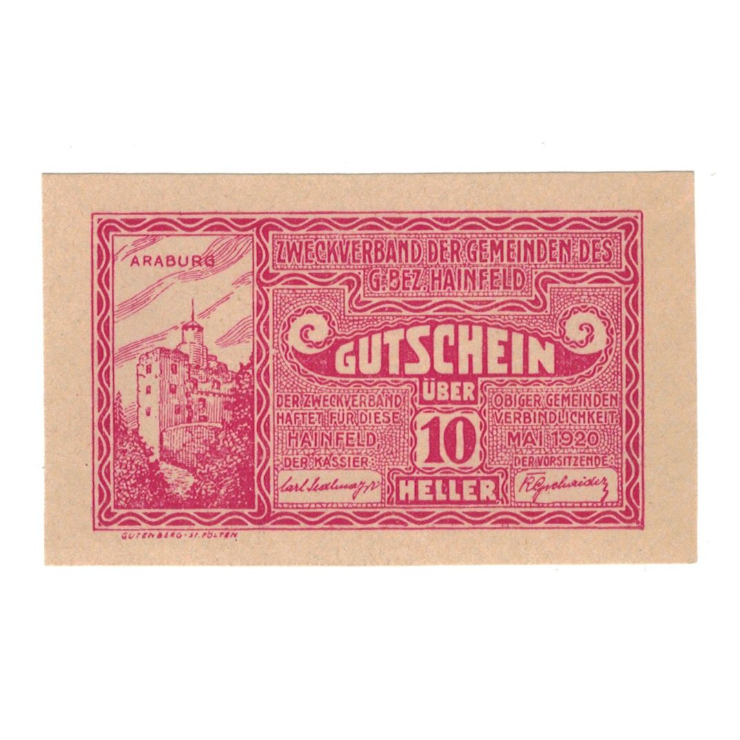 Billete, Austria, Hainfeld Prv. Zweckverband, 10 Heller, Texte, 1920