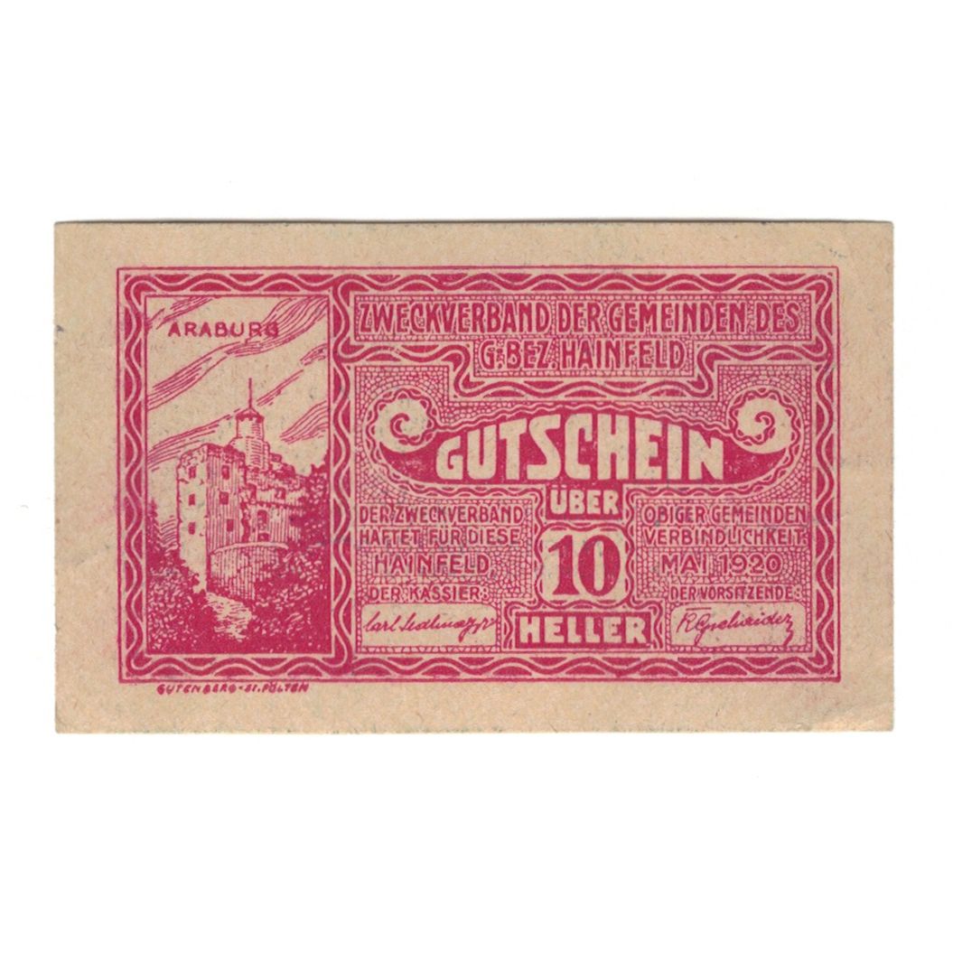 Billete, Austria, Hainfeld Prv. Zweckverband, 10 Heller, texte 1, 1920