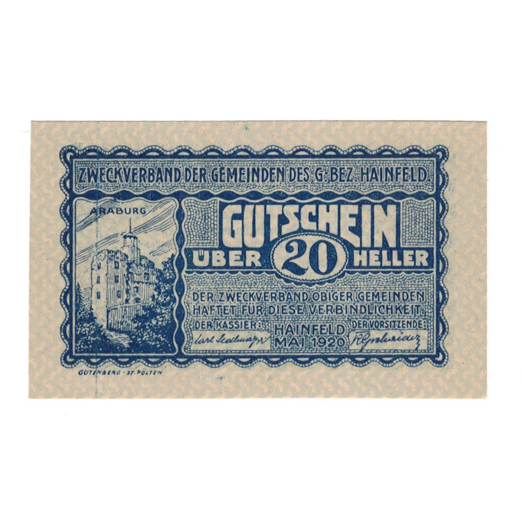 Billete, Austria, Hainfeld Prv. Zweckverband, 20 Heller, texte 1, 1920