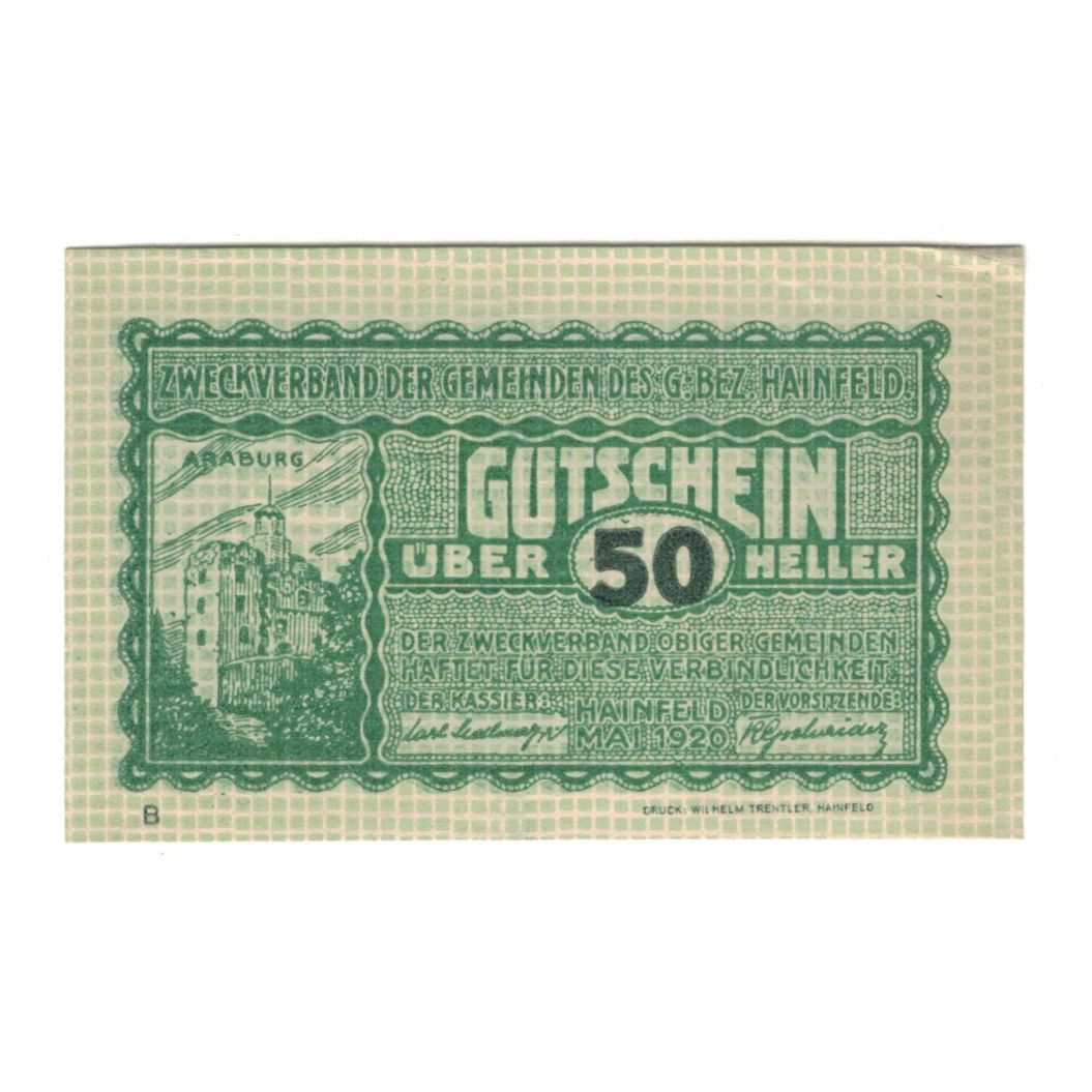 Billete, Austria, Hainfeld Prv. Zweckverband, 50 Heller, Texte, 1920