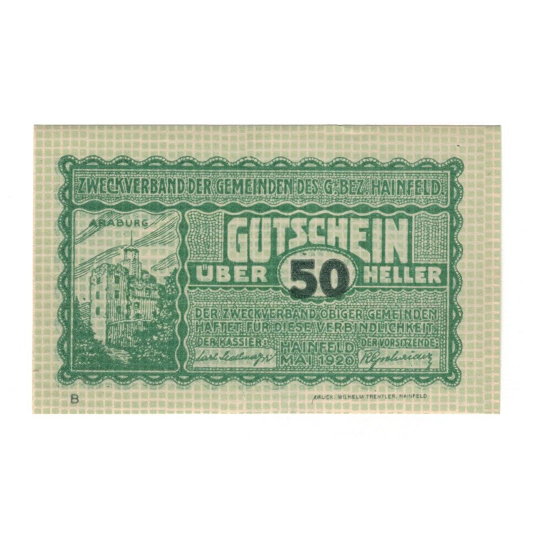 Billete, Austria, Hainfeld Prv. Zweckverband, 50 Heller, texte 1, 1920