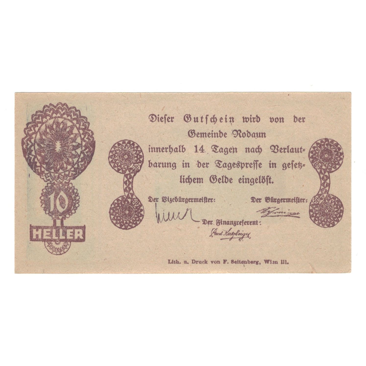 Billete, Austria, Rodaun N.Ö. Gemeinde, 10 Heller, texte 1, EBC, Mehl:FS 840II