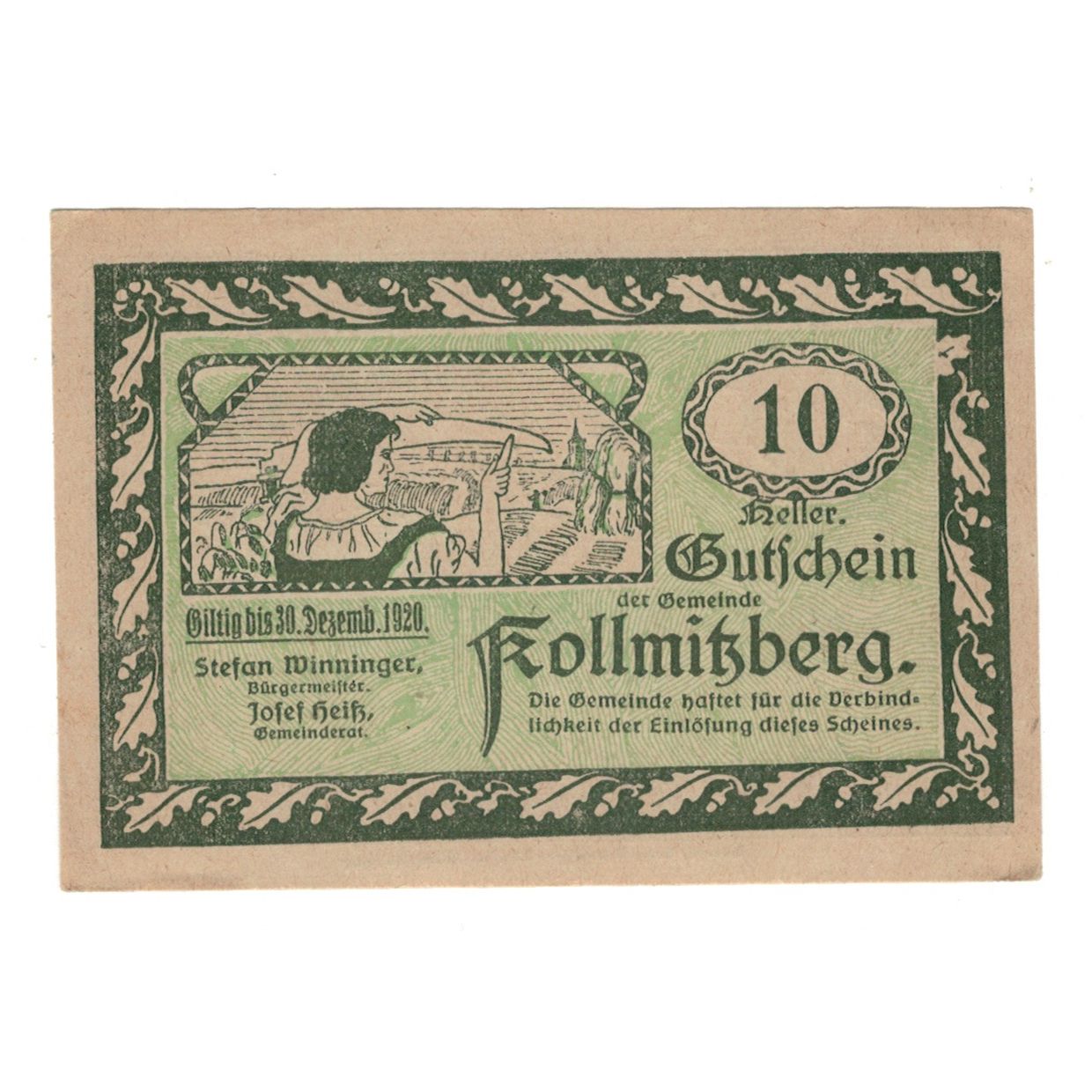 Billete, Austria, Kollmitzberg N.Ö. Gemeinde, 10 Heller, coq, 1920, 1920-12-30