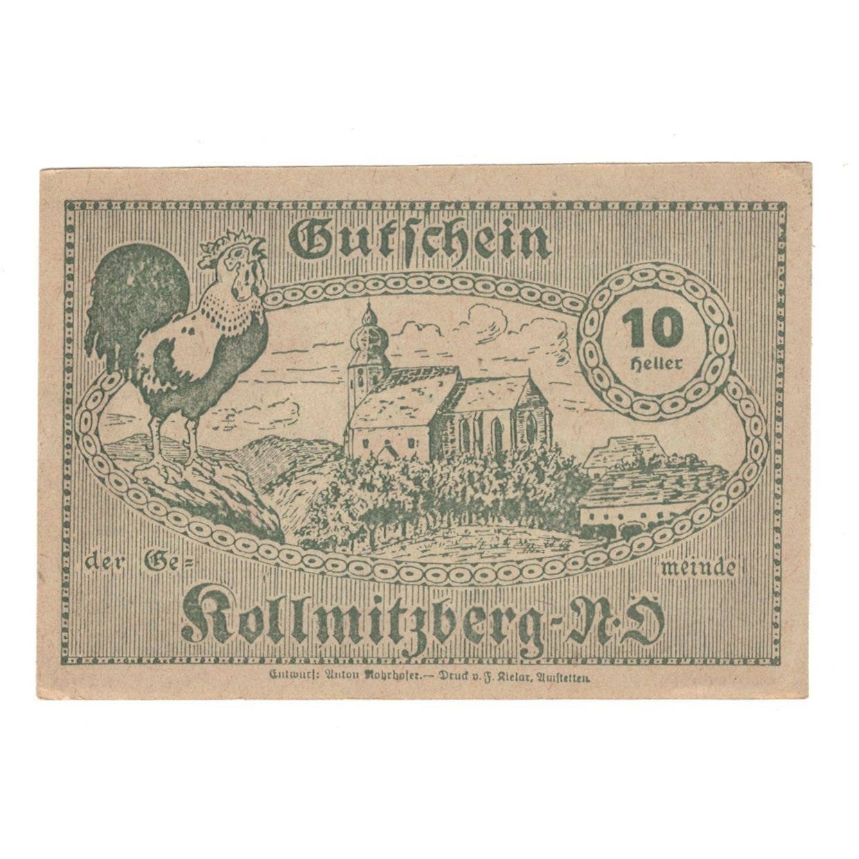 Billete, Austria, Kollmitzberg N.Ö. Gemeinde, 10 Heller, coq, 1920, 1920-12-30