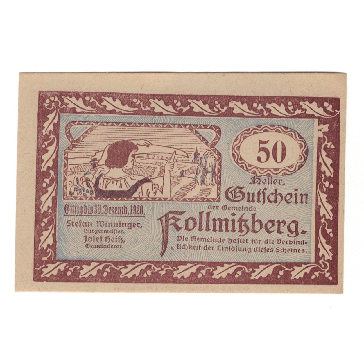 Billete, Austria, Kollmitzberg N.Ö. Gemeinde, 50 Heller, coq, 1920, 1920-12-30