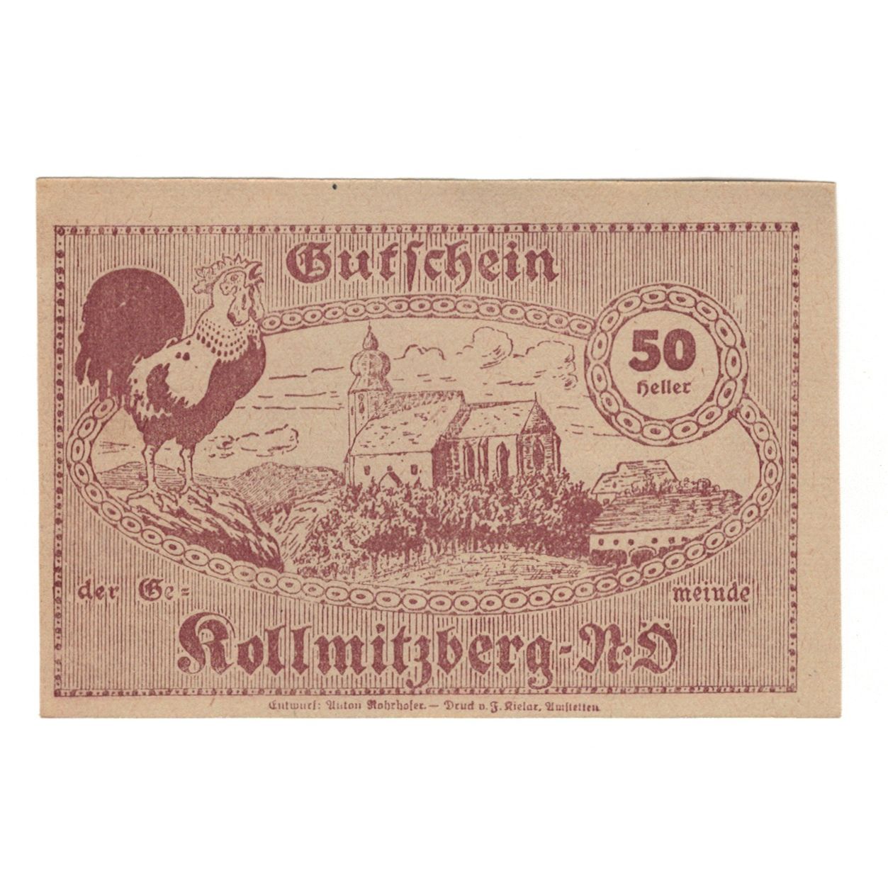 Billete, Austria, Kollmitzberg N.Ö. Gemeinde, 50 Heller, coq, 1920, 1920-12-30