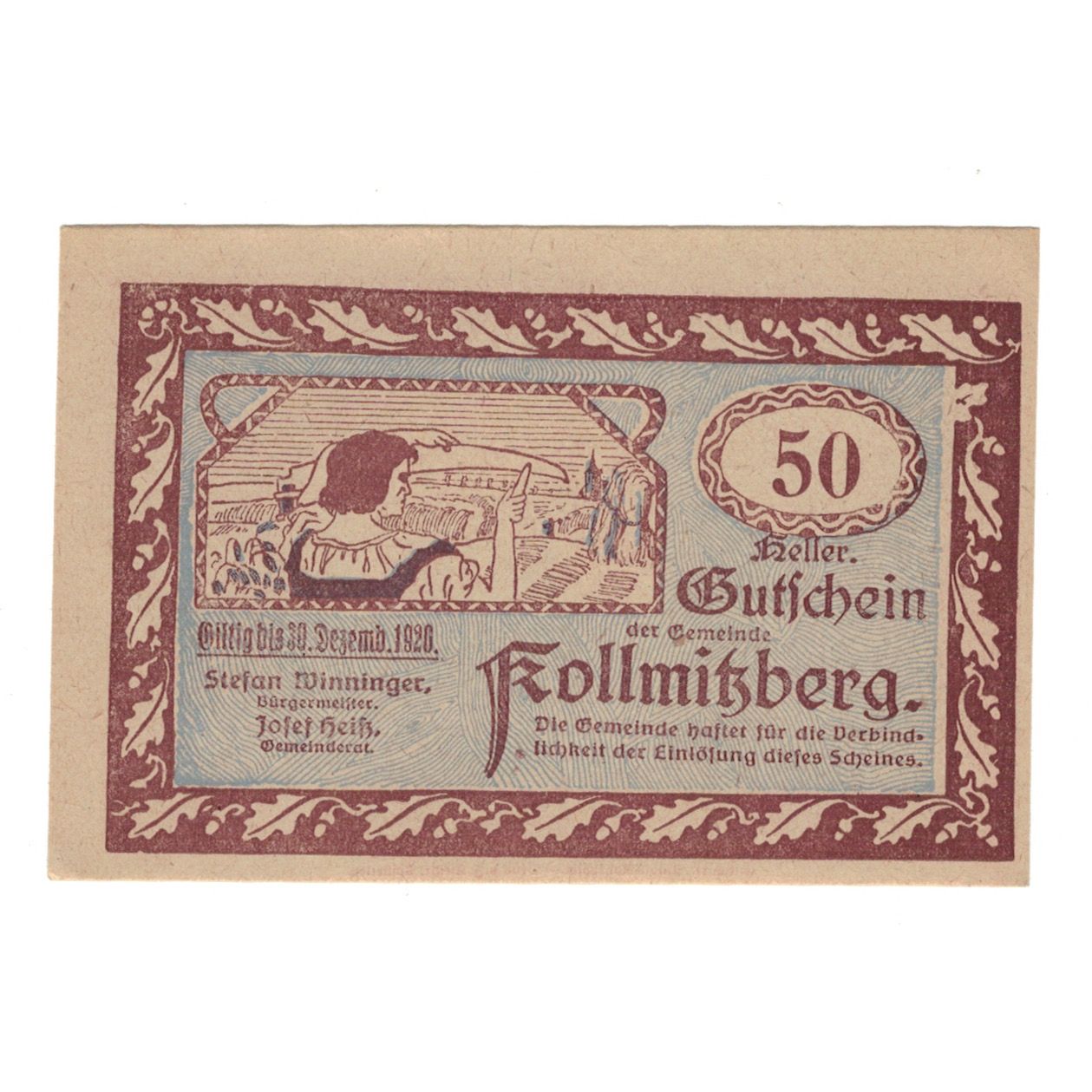 Billete, Austria, Kollmitzberg N.Ö. Gemeinde, 50 Heller, Coq 1, 1920