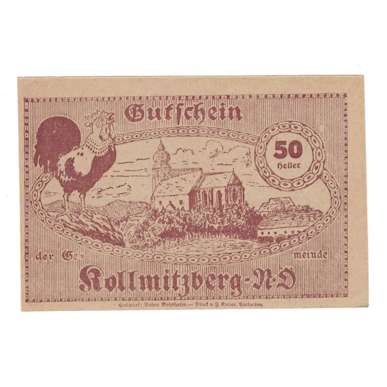 Billete, Austria, Kollmitzberg N.Ö. Gemeinde, 50 Heller, Coq 1, 1920