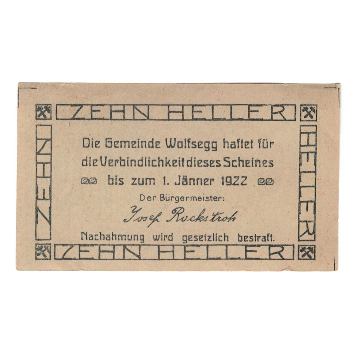 Billete, Austria, Wolfsegg O.Ö. Gemeinde, 10 Heller, Texte, 1922, 1922-01-01