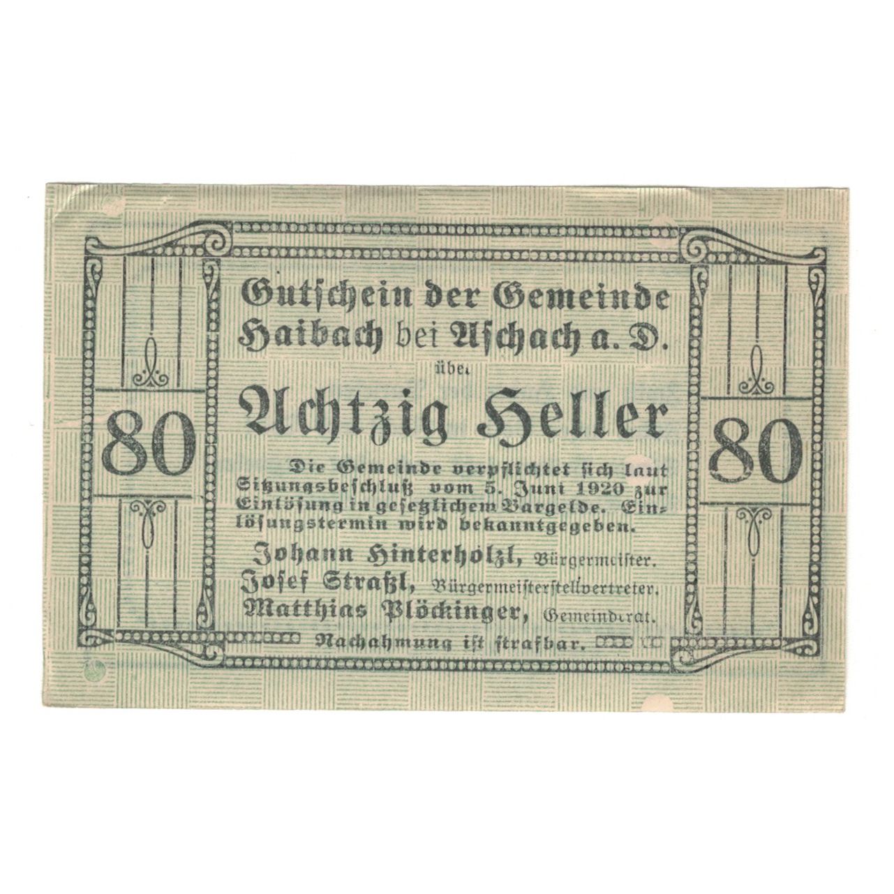 Billete, Austria, Haibach Bei Aschach a.d. O.Ö. Gemeinde, 80 Heller, Texte