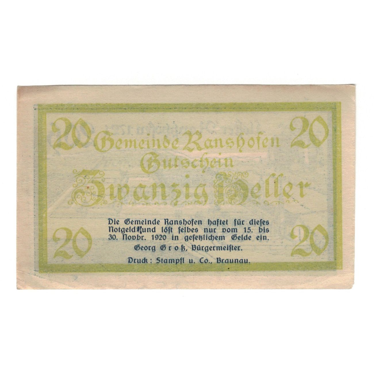 Billete, Austria, Ranshofen O.Ö. Gemeinde, 20 Heller, paysage 1, 1920