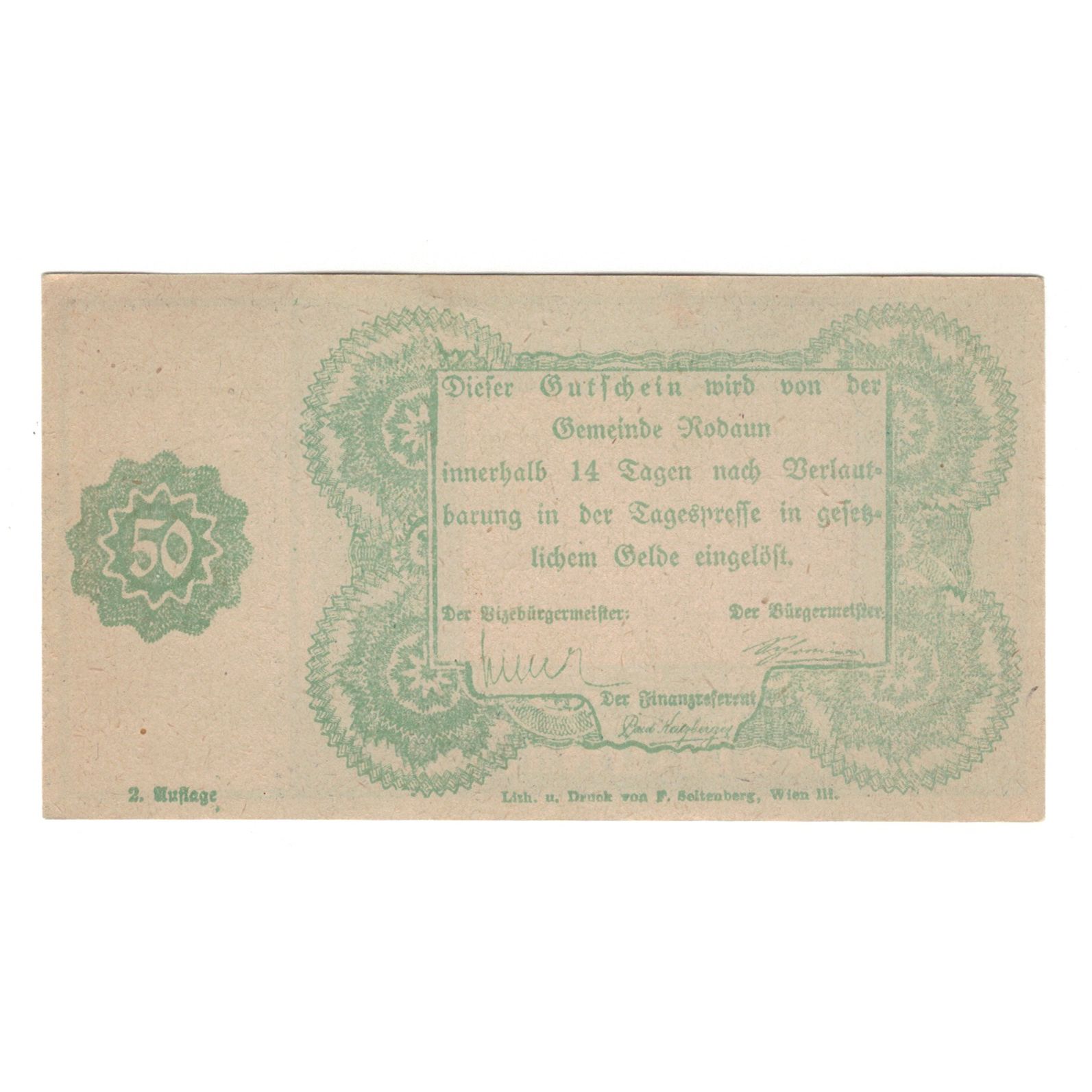 Billete, Austria, Rodaun N.Ö. Gemeinde, 50 Heller, texte 1, EBC, Mehl:FS 840II