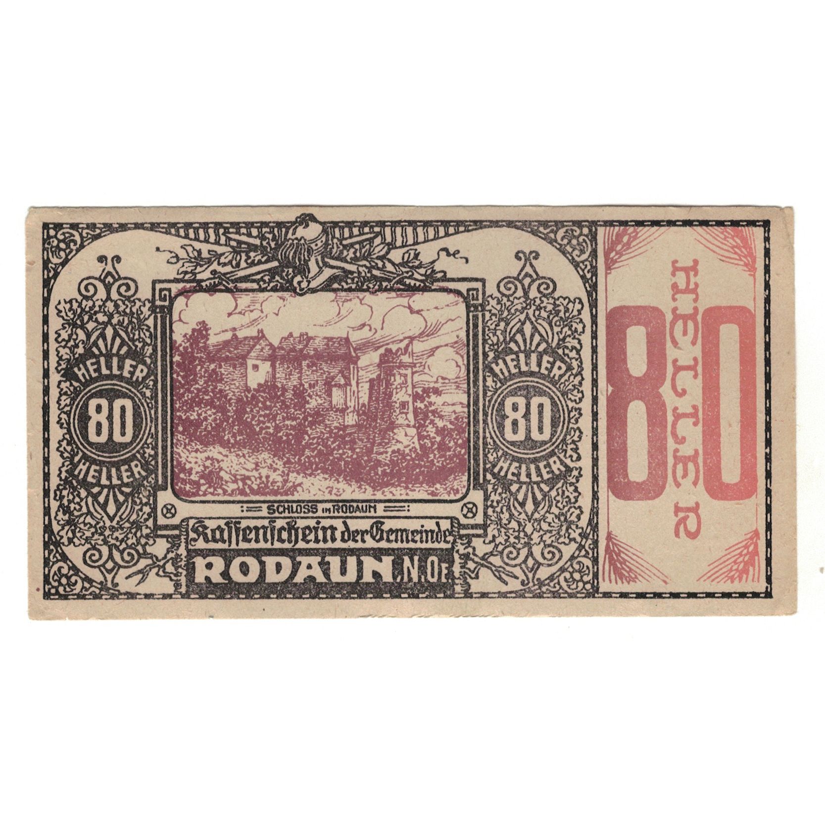 Billete, Austria, Rodaun N.Ö. Gemeinde, 80 Heller, texte 1, MBC+, Mehl:FS 840II