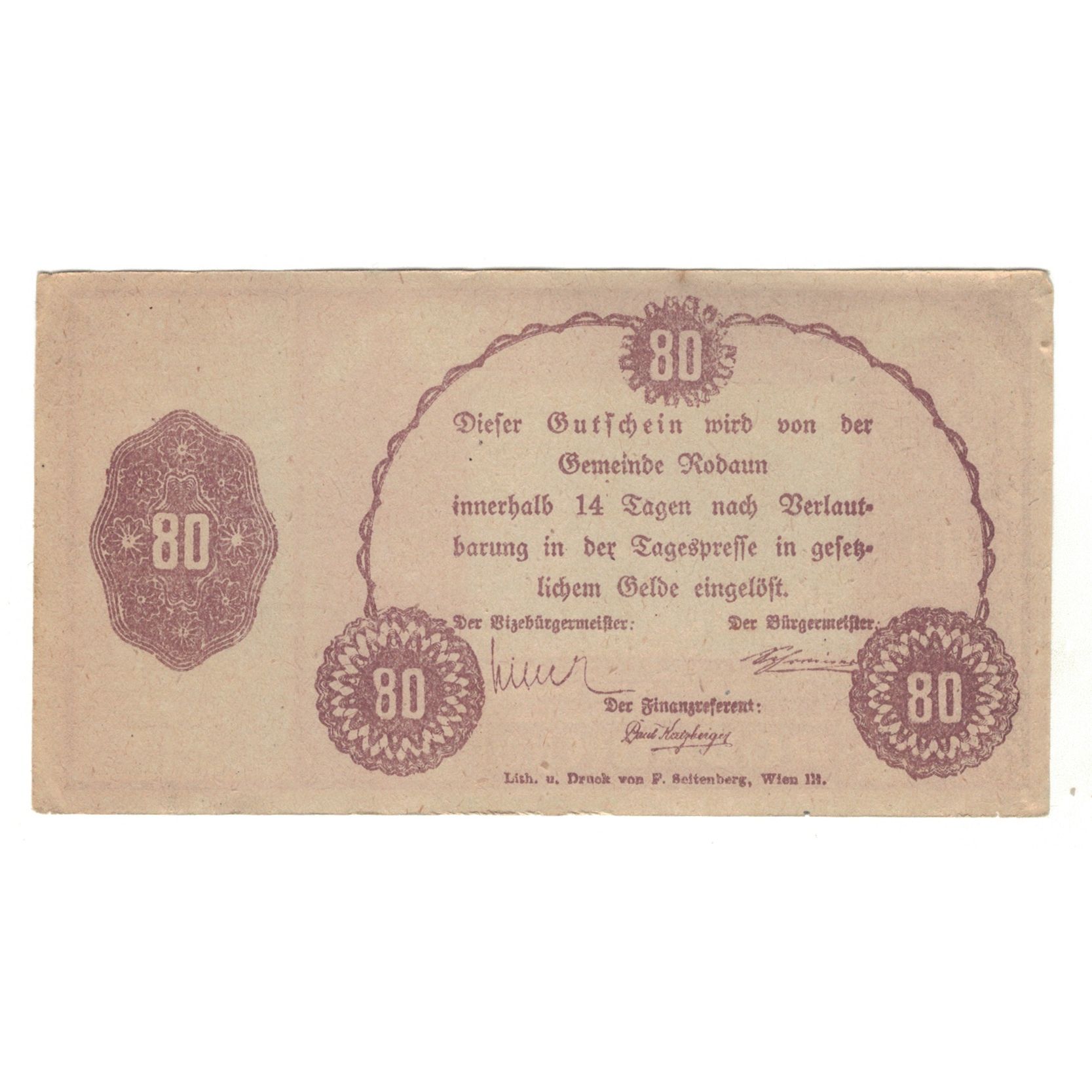 Billete, Austria, Rodaun N.Ö. Gemeinde, 80 Heller, texte 1, MBC+, Mehl:FS 840II