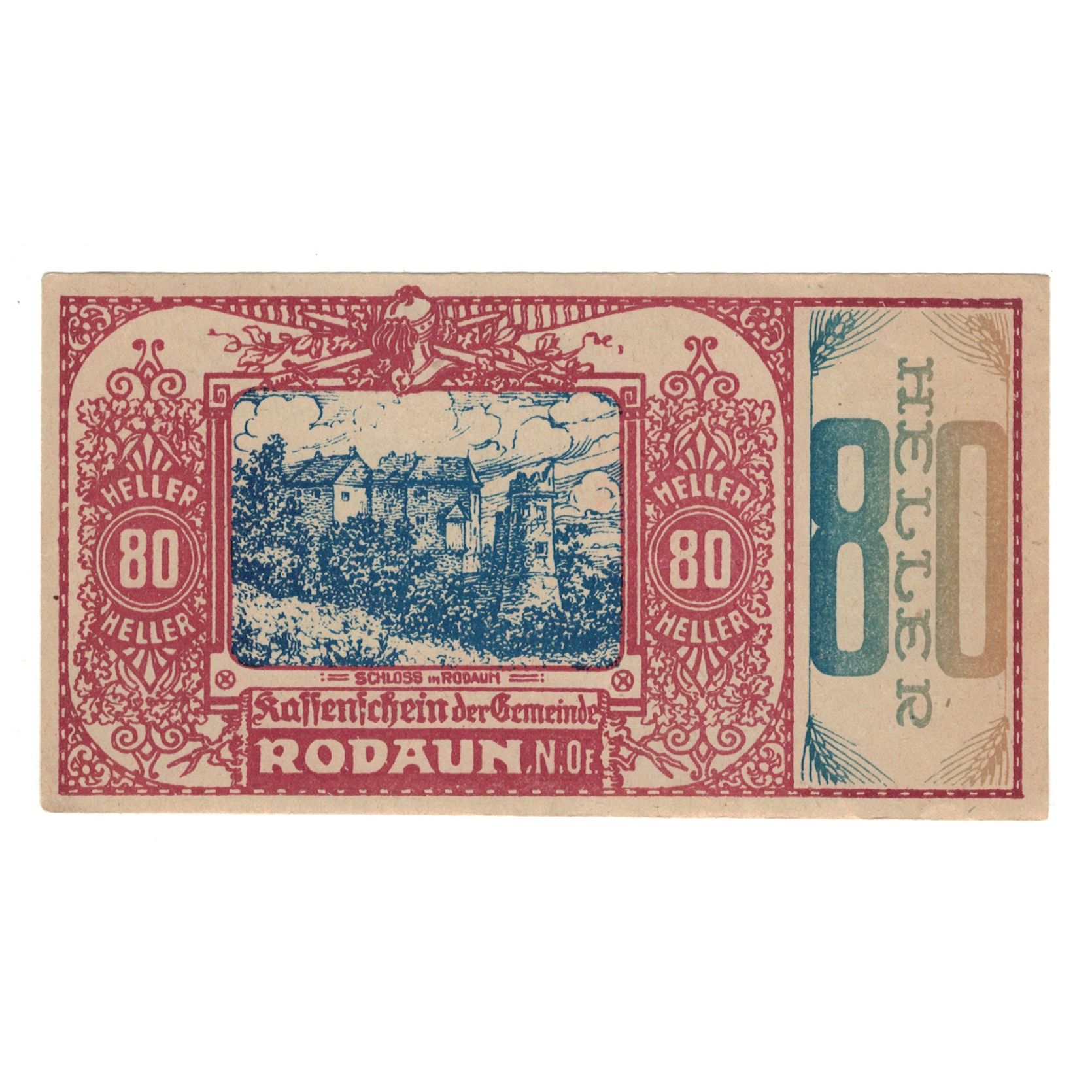 Billete, Austria, Rodaun N.Ö. Gemeinde, 80 Heller, Texte 2, MBC+, Mehl:FS 840II