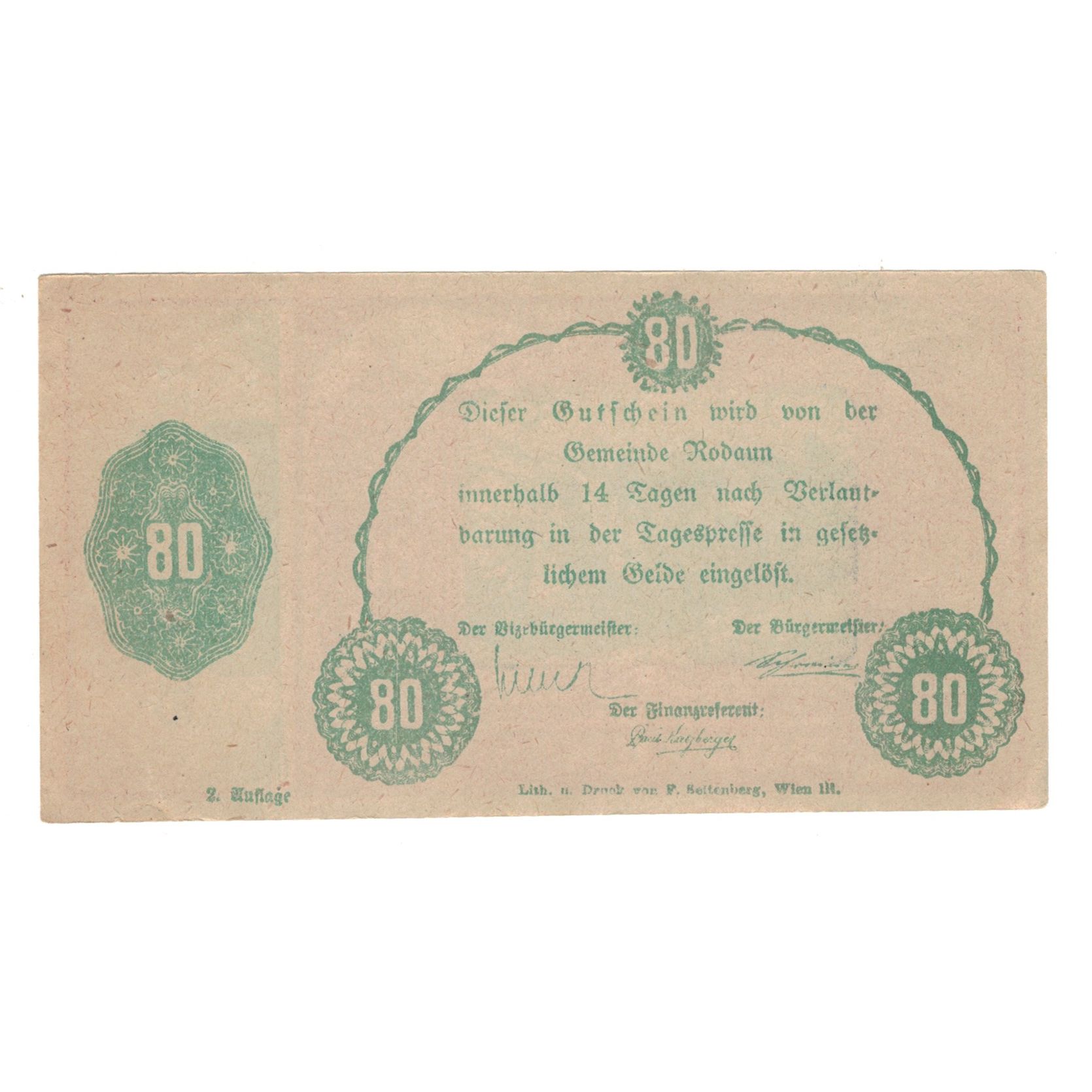 Billete, Austria, Rodaun N.Ö. Gemeinde, 80 Heller, Texte 2, MBC+, Mehl:FS 840II