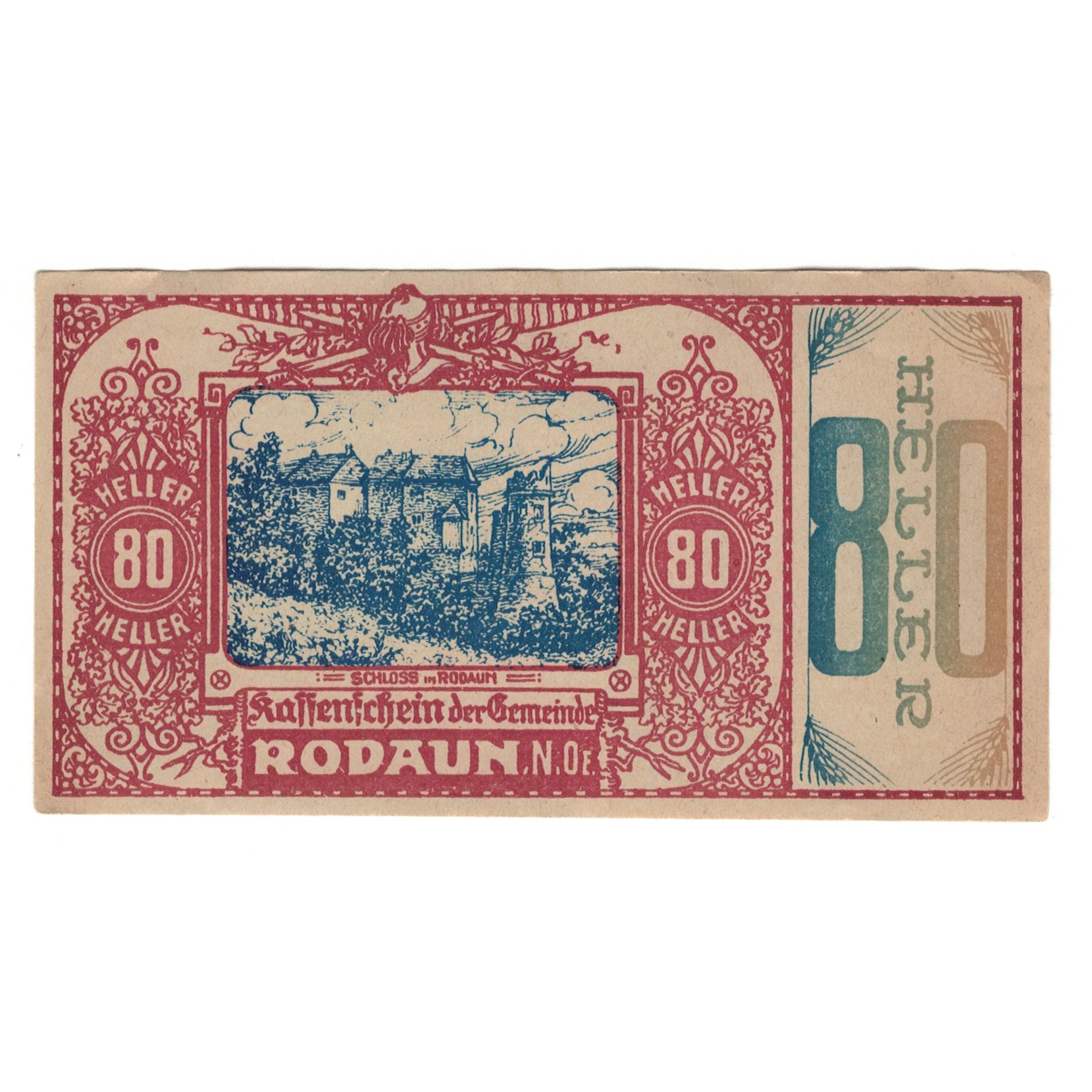 Billete, Austria, Rodaun N.Ö. Gemeinde, 80 Heller, Texte 3, MBC+, Mehl:FS 840II