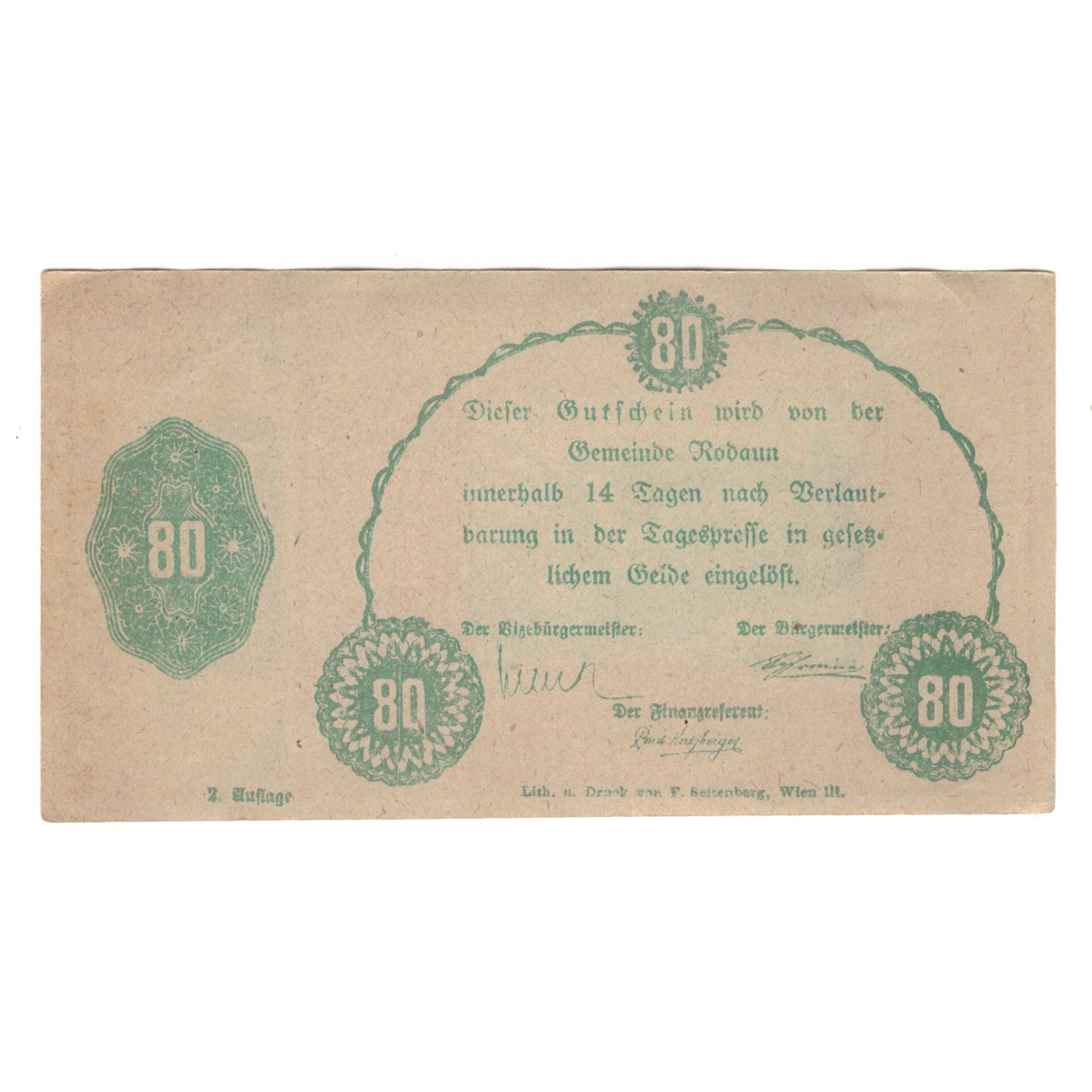 Billete, Austria, Rodaun N.Ö. Gemeinde, 80 Heller, Texte 3, MBC+, Mehl:FS 840II