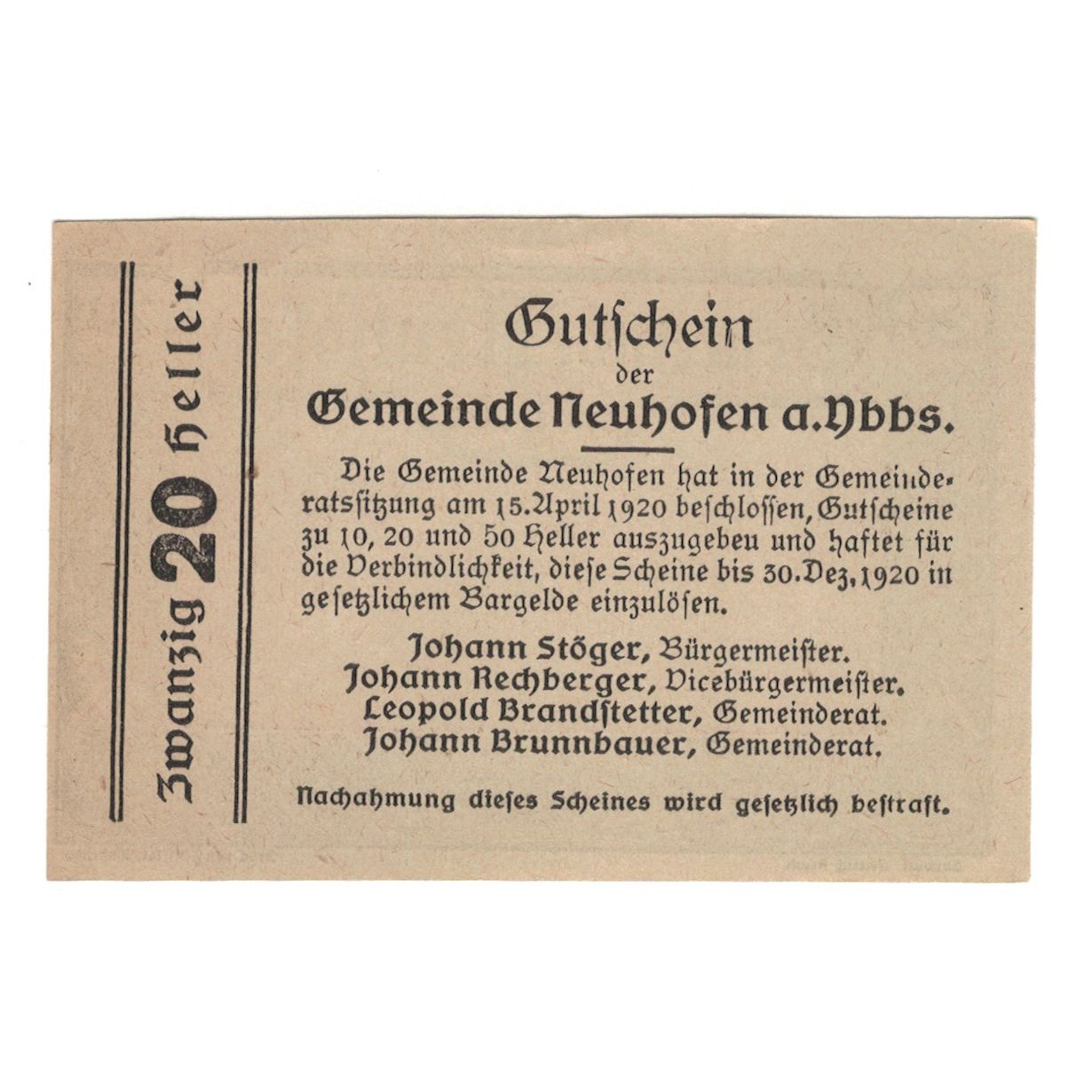 Billete, Austria, Neuhofen a.d. Ybbs N.Ö. Gemeinde, 20 Heller, texte 1, 1920