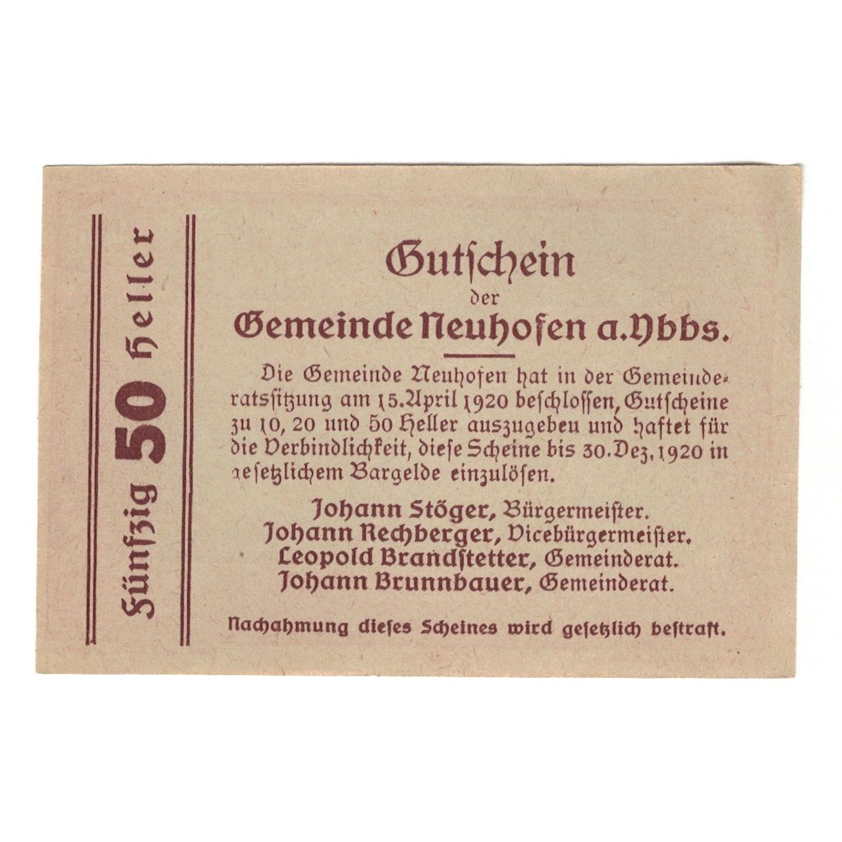 Billete, Austria, Neuhofen a.d. Ybbs N.Ö. Gemeinde, 50 Heller, Texte, 1920