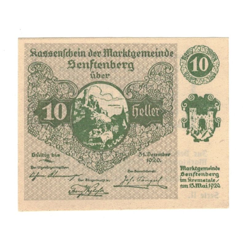 Billete, Austria, Senftenberg N.Ö. Gemeinde, 10 Heller, Texte 2, 1920