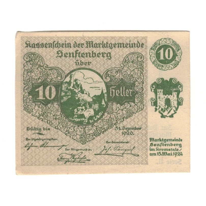 Billete, Austria, Senftenberg N.Ö. Gemeinde, 10 Heller, Texte 3, 1920