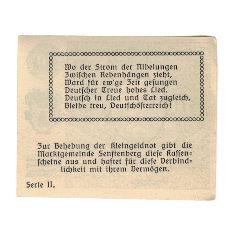 Billete, Austria, Senftenberg N.Ö. Gemeinde, 10 Heller, Texte 3, 1920