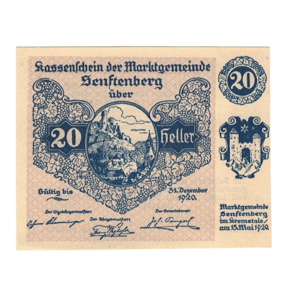 Billete, Austria, Senftenberg N.Ö. Gemeinde, 20 Heller, Texte 4, 1920